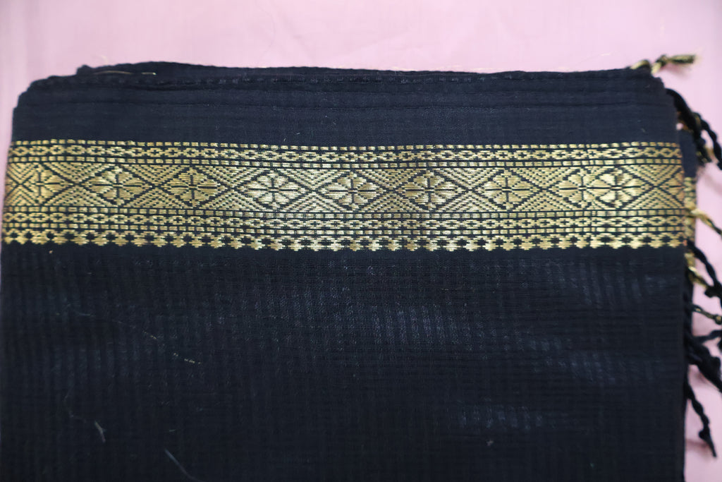 Black Induri Cotton Saree with Karn-Phool and Antique Gold Border