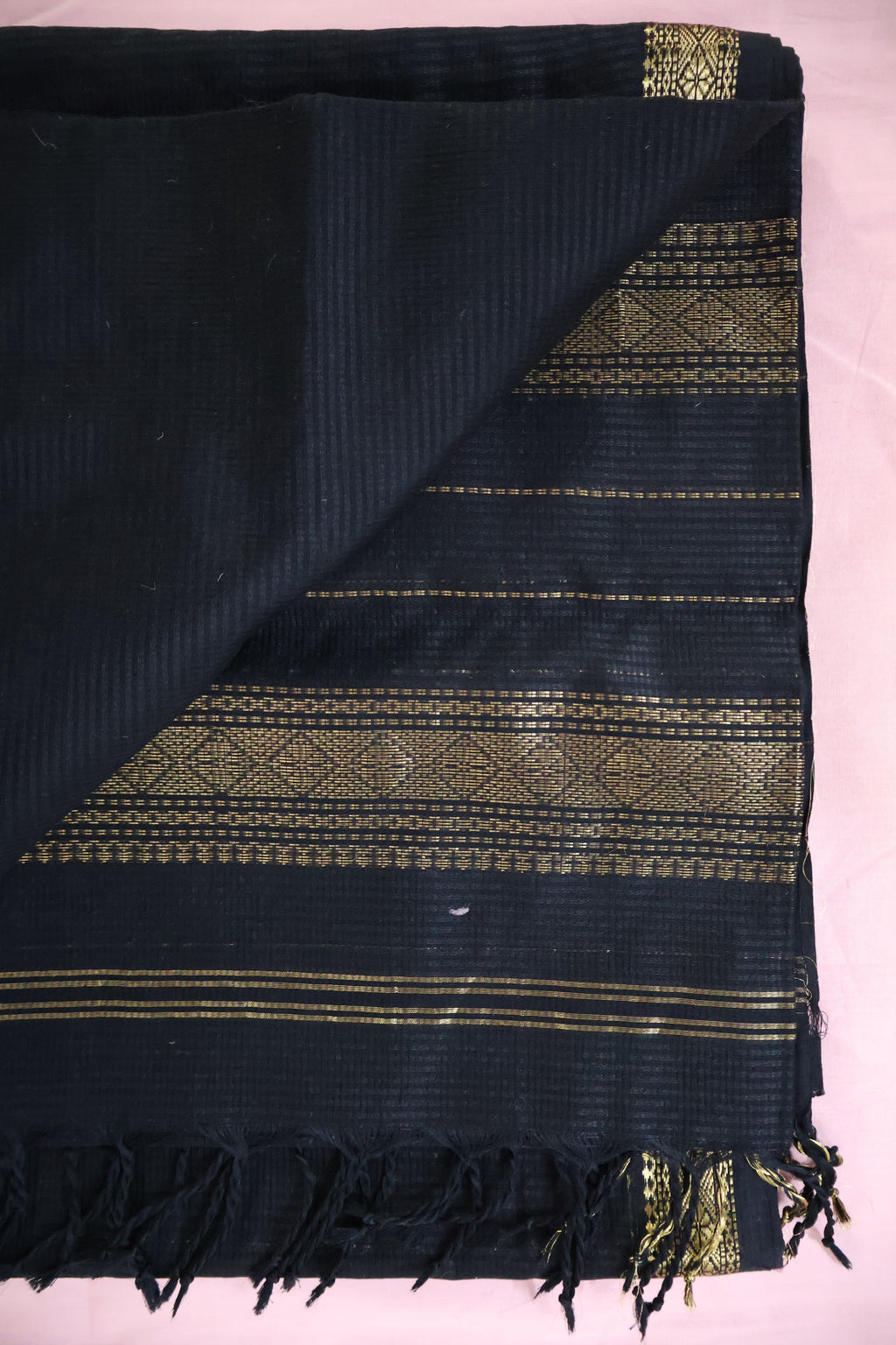 Black Induri Cotton Saree with Karn-Phool and Antique Gold Border