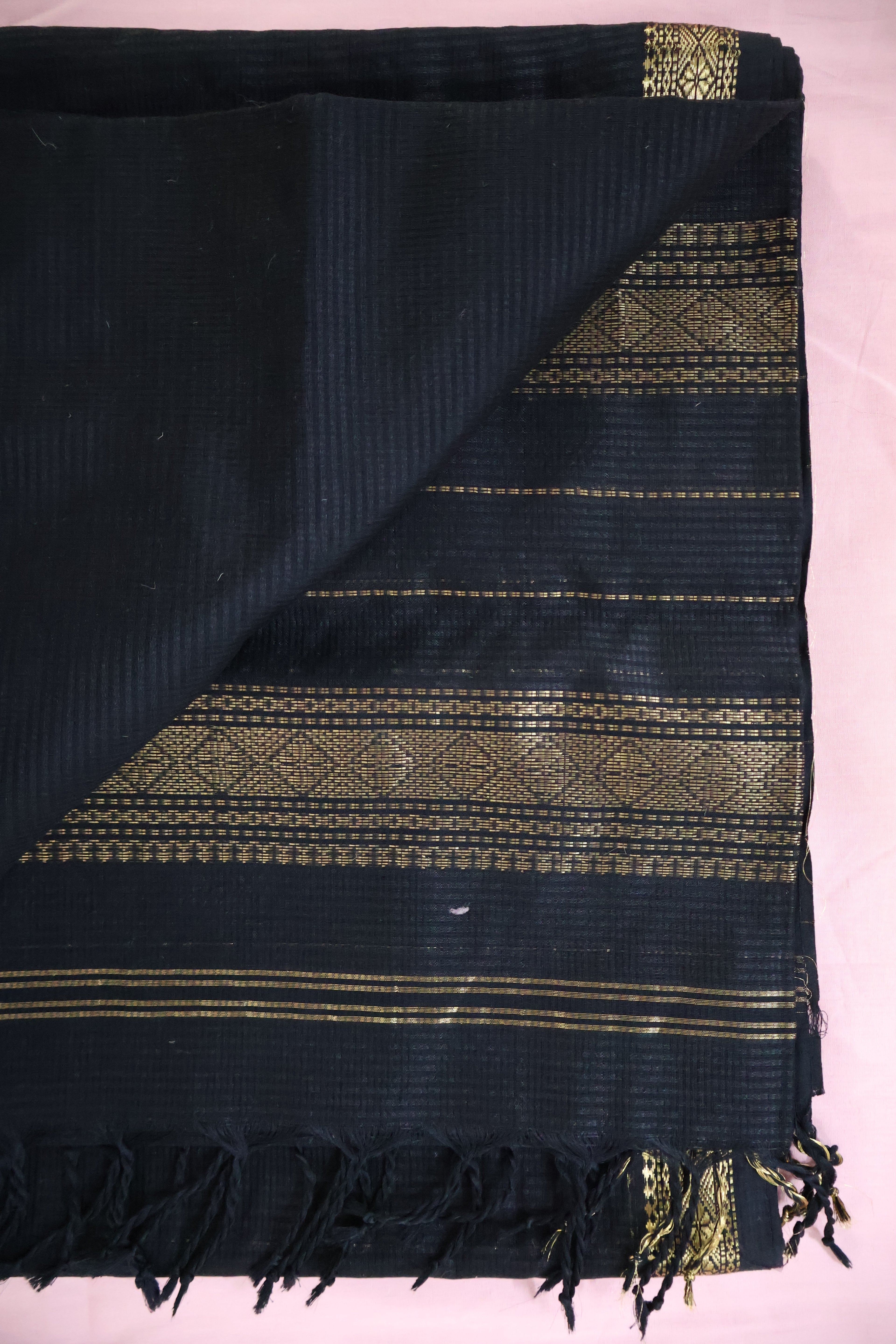 Black Induri Cotton Saree with Karn-Phool and Antique Gold Border