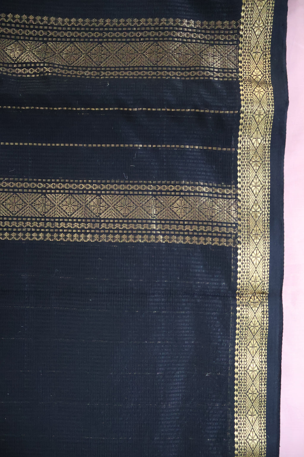 Black Induri Cotton Saree with Karn-Phool and Antique Gold Border