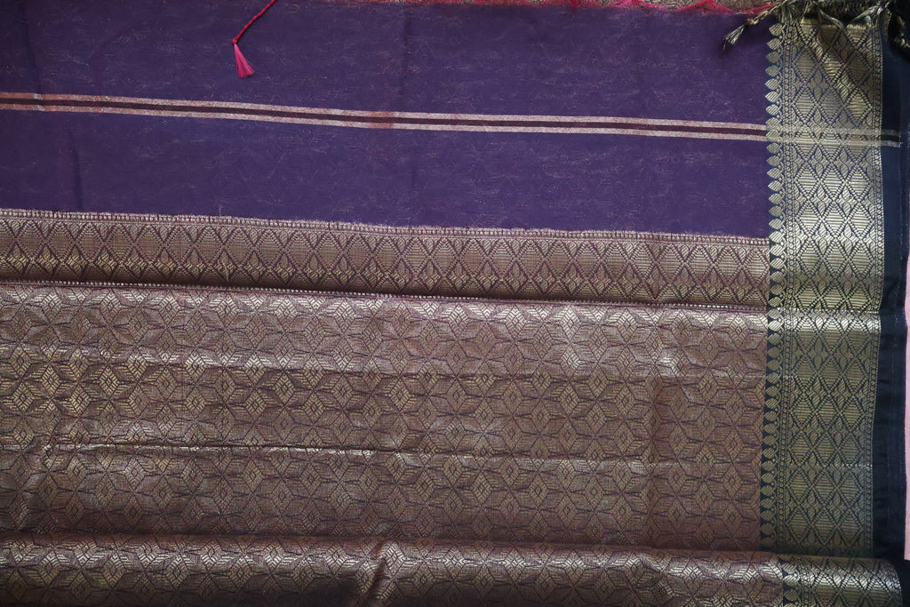 Deep Blue Maheshwari Cotton Saree with Antique Gold Brocade Pallu | Handwoven Heritage