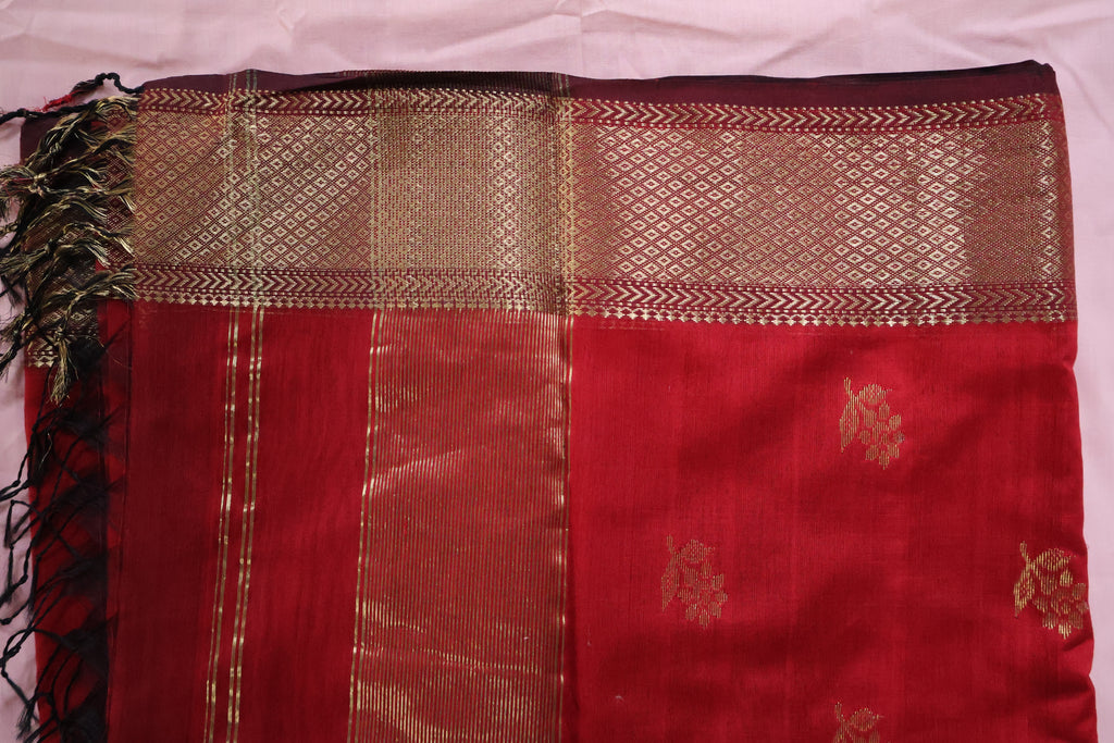 Classic Red Maheshwari Saree with Gold Butis & Zari Border | Handwoven Elegance