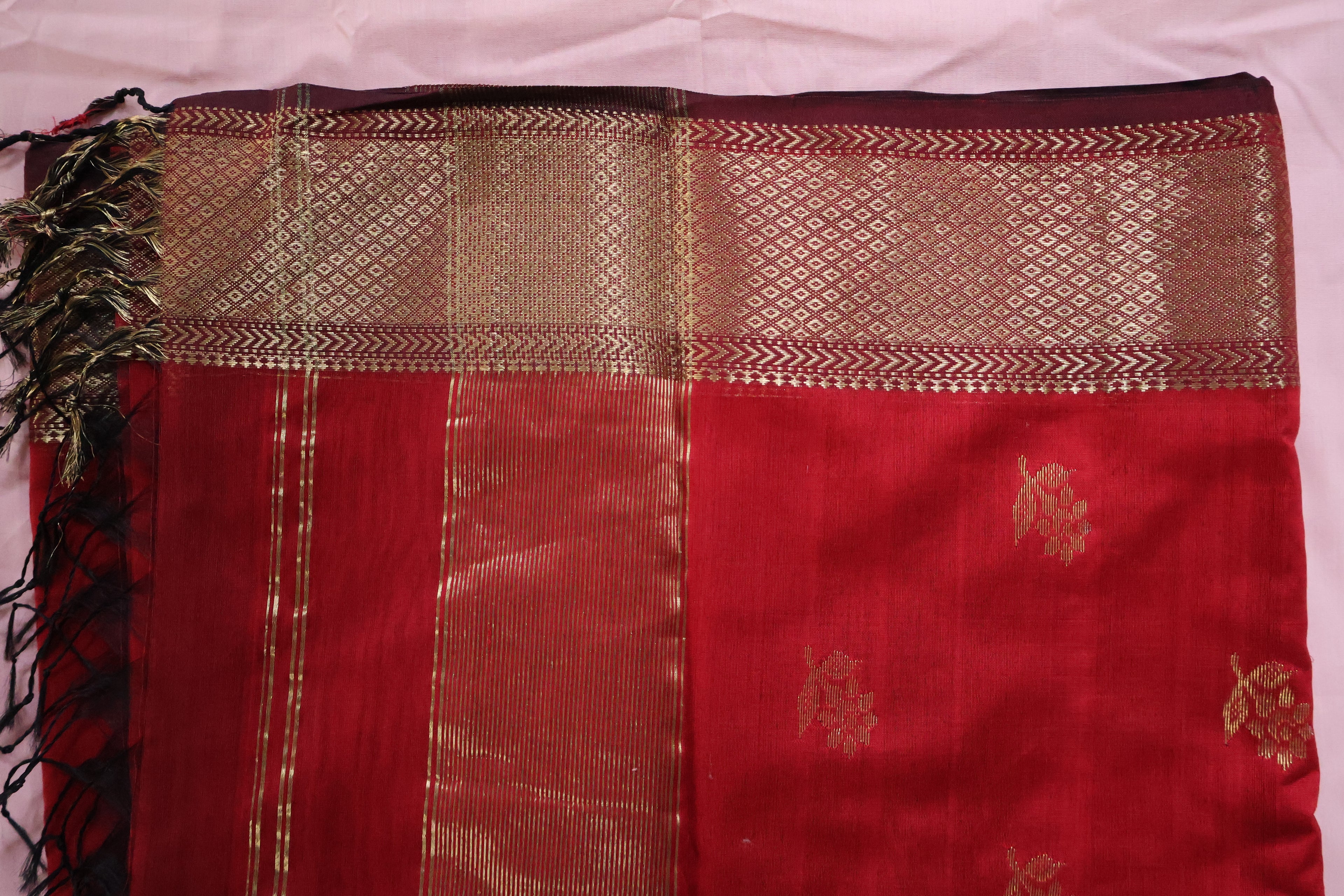 Classic Red Maheshwari Saree with Gold Butis & Zari Border | Handwoven Elegance
