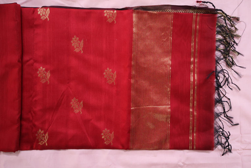 Classic Red Maheshwari Saree with Gold Butis & Zari Border | Handwoven Elegance
