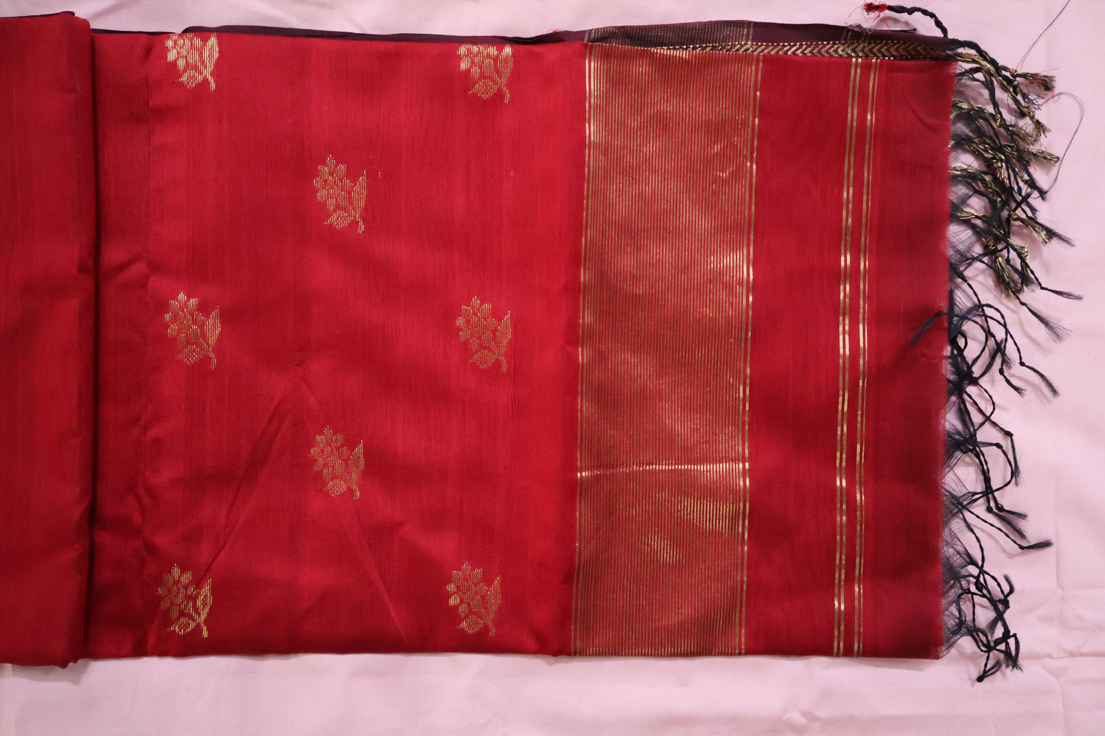 Classic Red Maheshwari Saree with Gold Butis & Zari Border | Handwoven Elegance