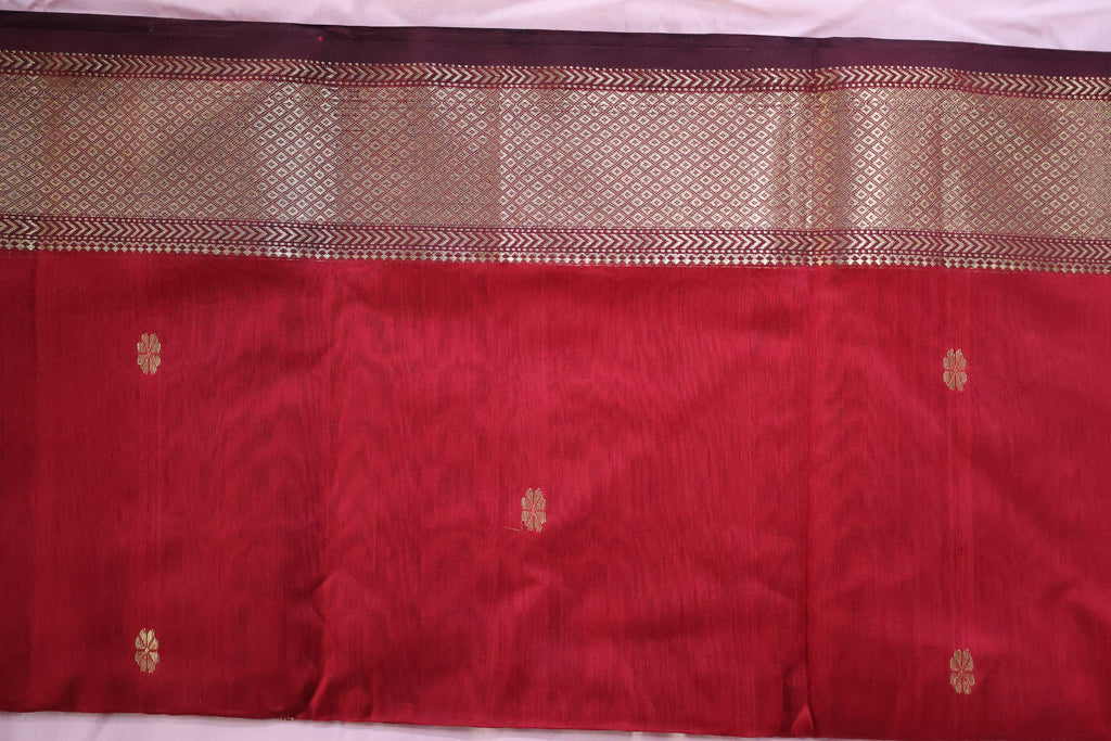 Classic Red Maheshwari Saree with Gold Butis & Zari Border | Handwoven Elegance