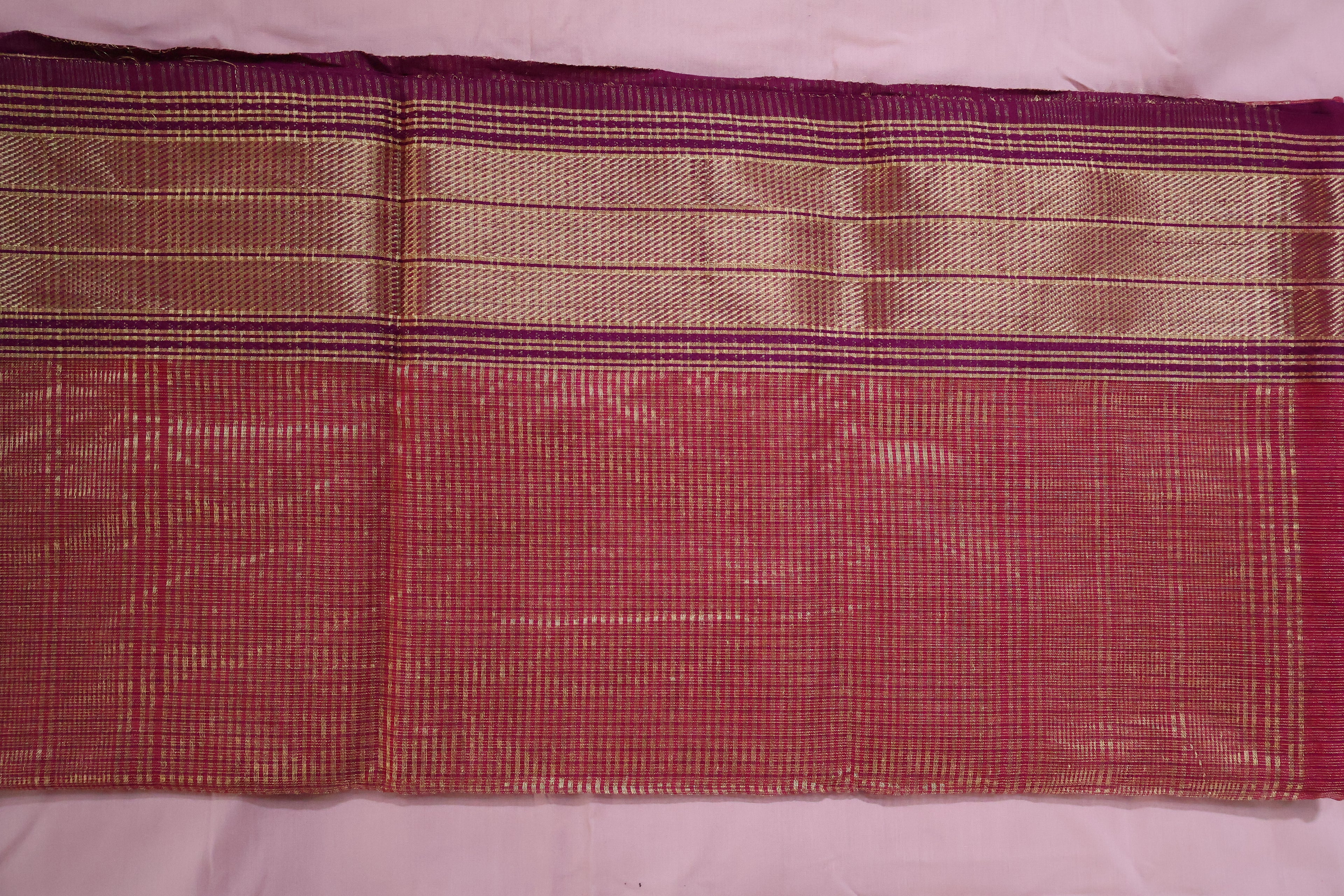 Raspberry Pink Tissue Buti Maheshwari Saree with Gold Zari Stripes | Handwoven Elegance