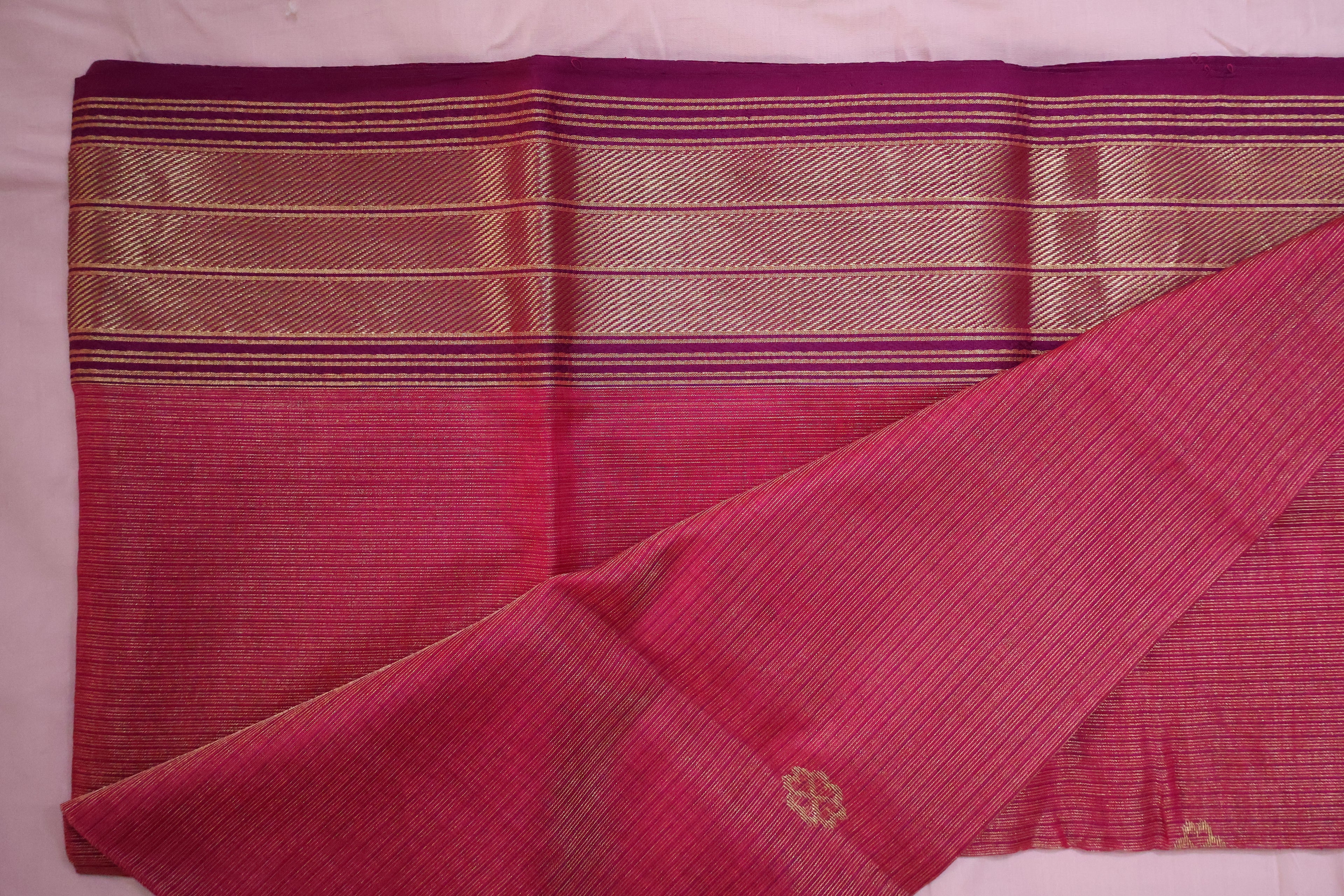 Raspberry Pink Tissue Buti Maheshwari Saree with Gold Zari Stripes | Handwoven Elegance