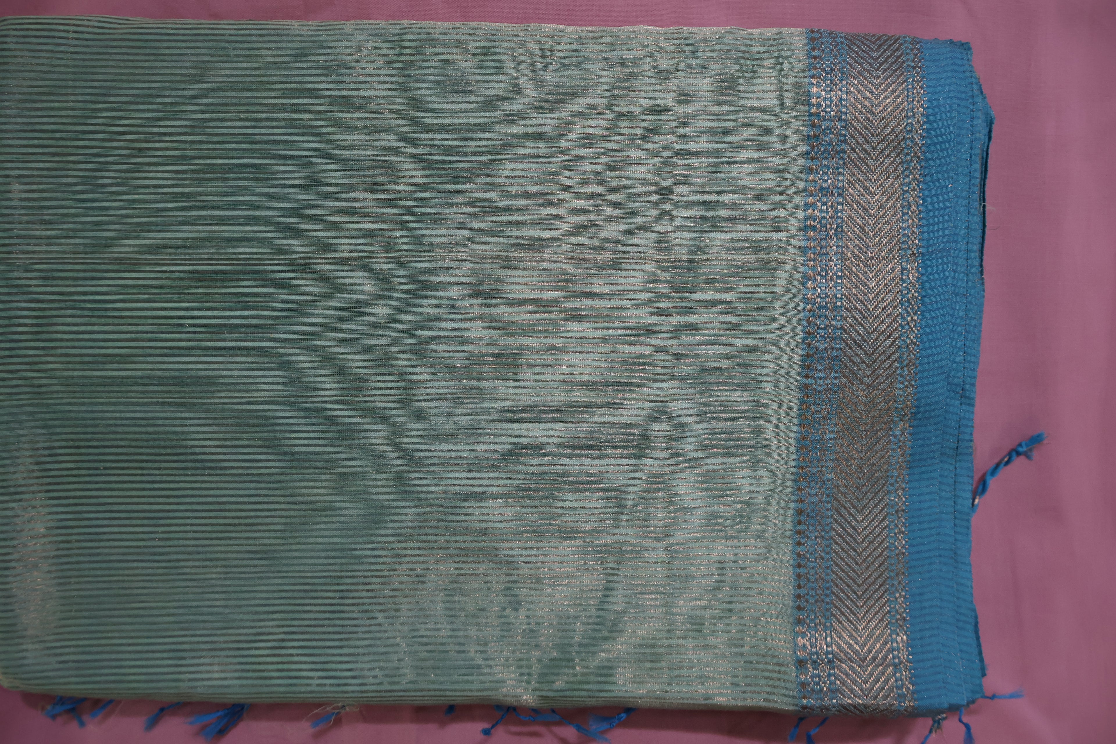 Airy Aqua Maheshwari Silk Cotton Saree with Subtle Zari Stripes