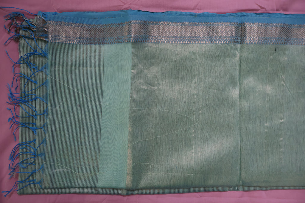 Airy Aqua Maheshwari Silk Cotton Saree with Subtle Zari Stripes