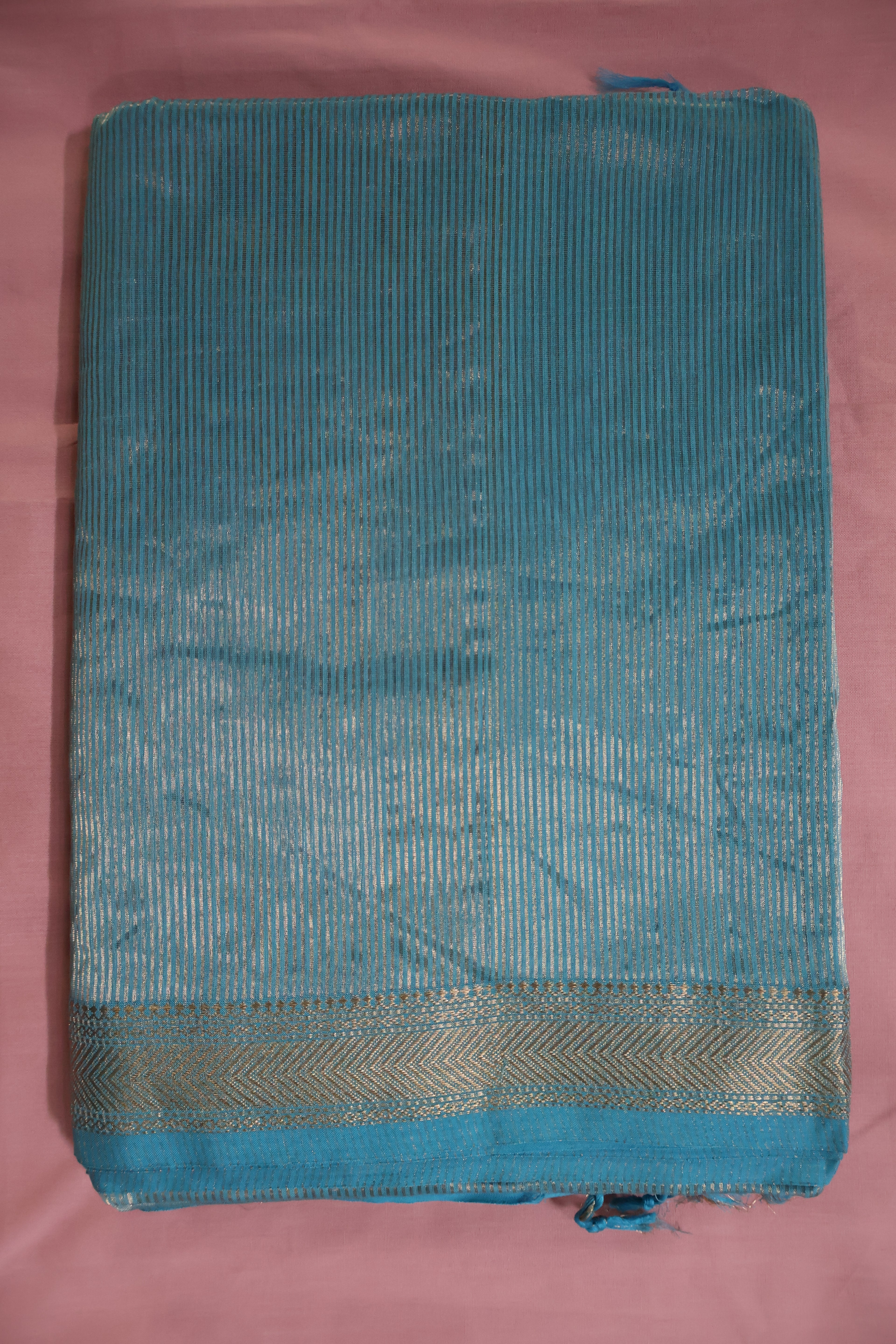 Airy Aqua Maheshwari Silk Cotton Saree with Subtle Zari Stripes