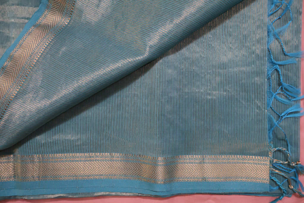 Airy Aqua Maheshwari Silk Cotton Saree with Subtle Zari Stripes