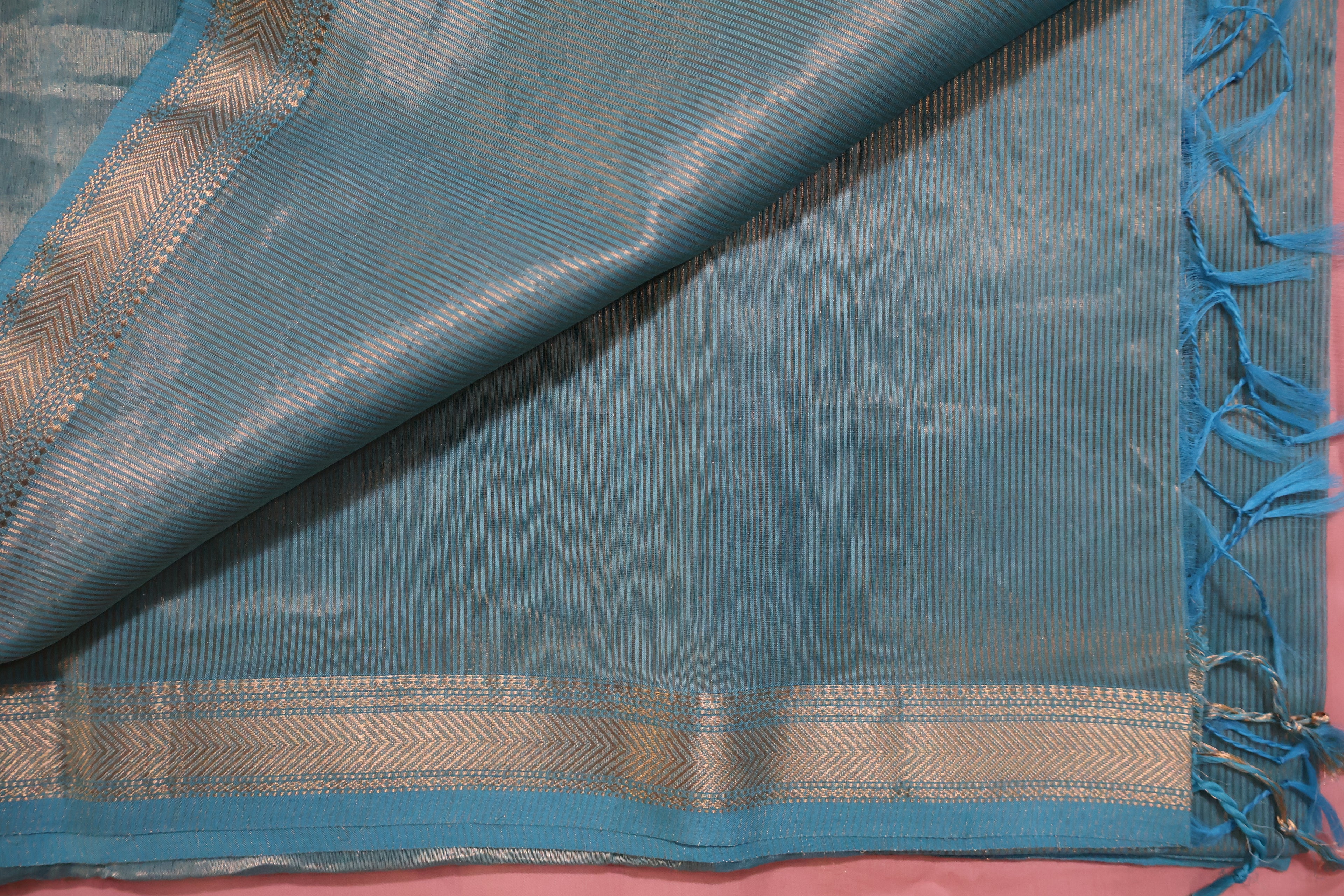 Airy Aqua Maheshwari Silk Cotton Saree with Subtle Zari Stripes