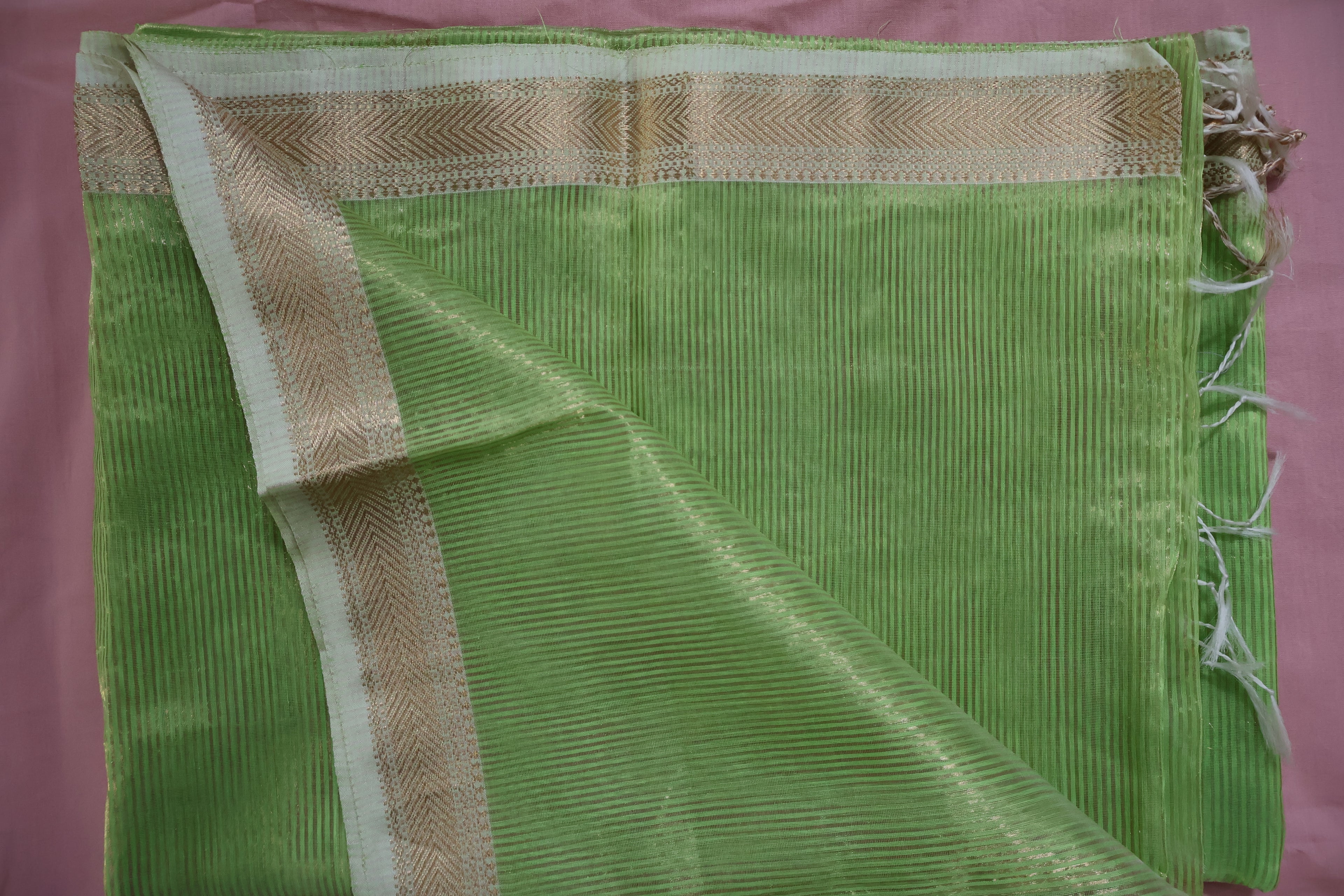 Light Green Maheshwari Silk-Cotton Saree with Subtle Zari Stripes | Airy & Effortless Drape