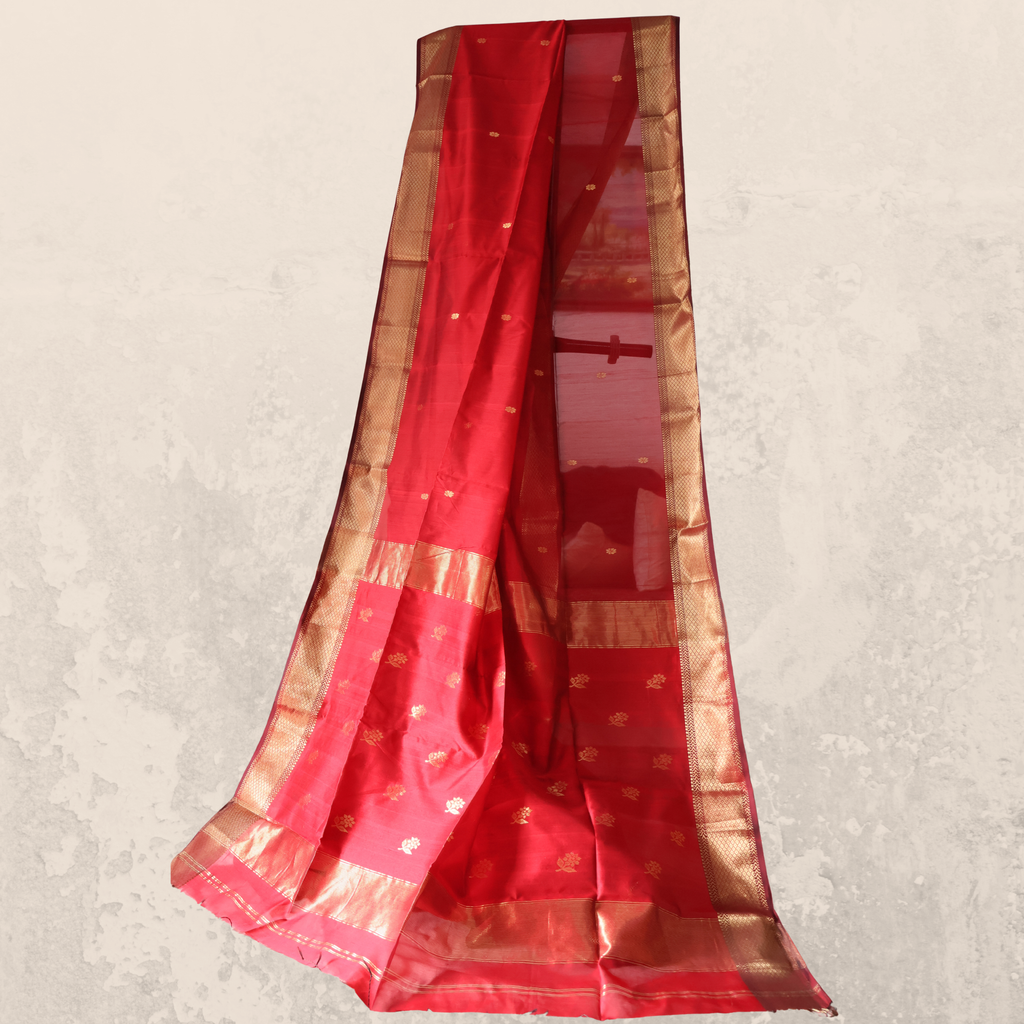 Classic Red Maheshwari Saree with Gold Butis & Zari Border | Handwoven Elegance