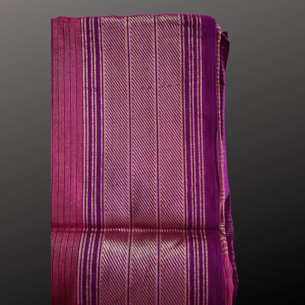 Raspberry Pink Tissue Buti Maheshwari Saree with Gold Zari Stripes | Handwoven Elegance