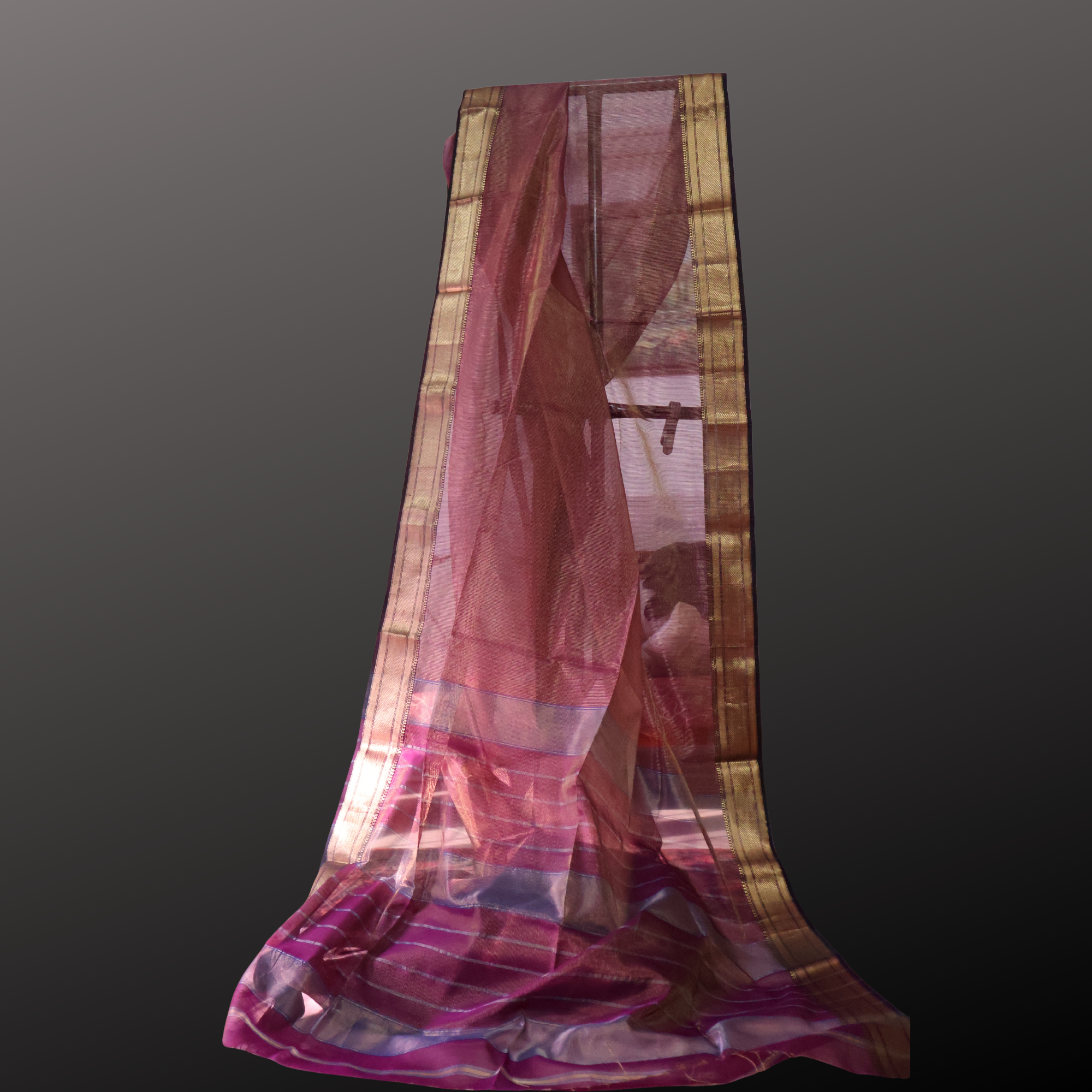Raspberry Pink Tissue Buti Maheshwari Saree with Gold Zari Stripes | Handwoven Elegance