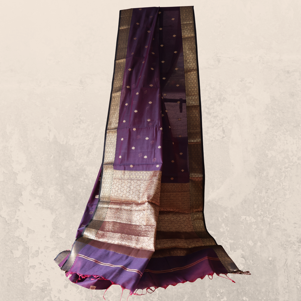 Deep Blue Maheshwari Cotton Saree with Antique Gold Brocade Pallu | Handwoven Heritage