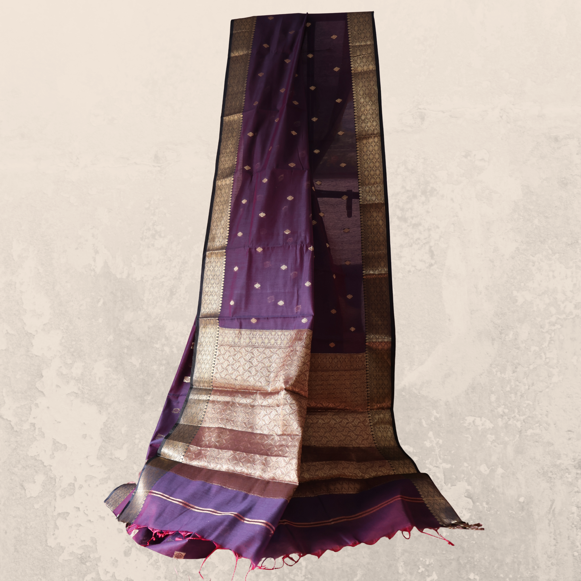 Deep Blue Maheshwari Cotton Saree with Antique Gold Brocade Pallu | Handwoven Heritage