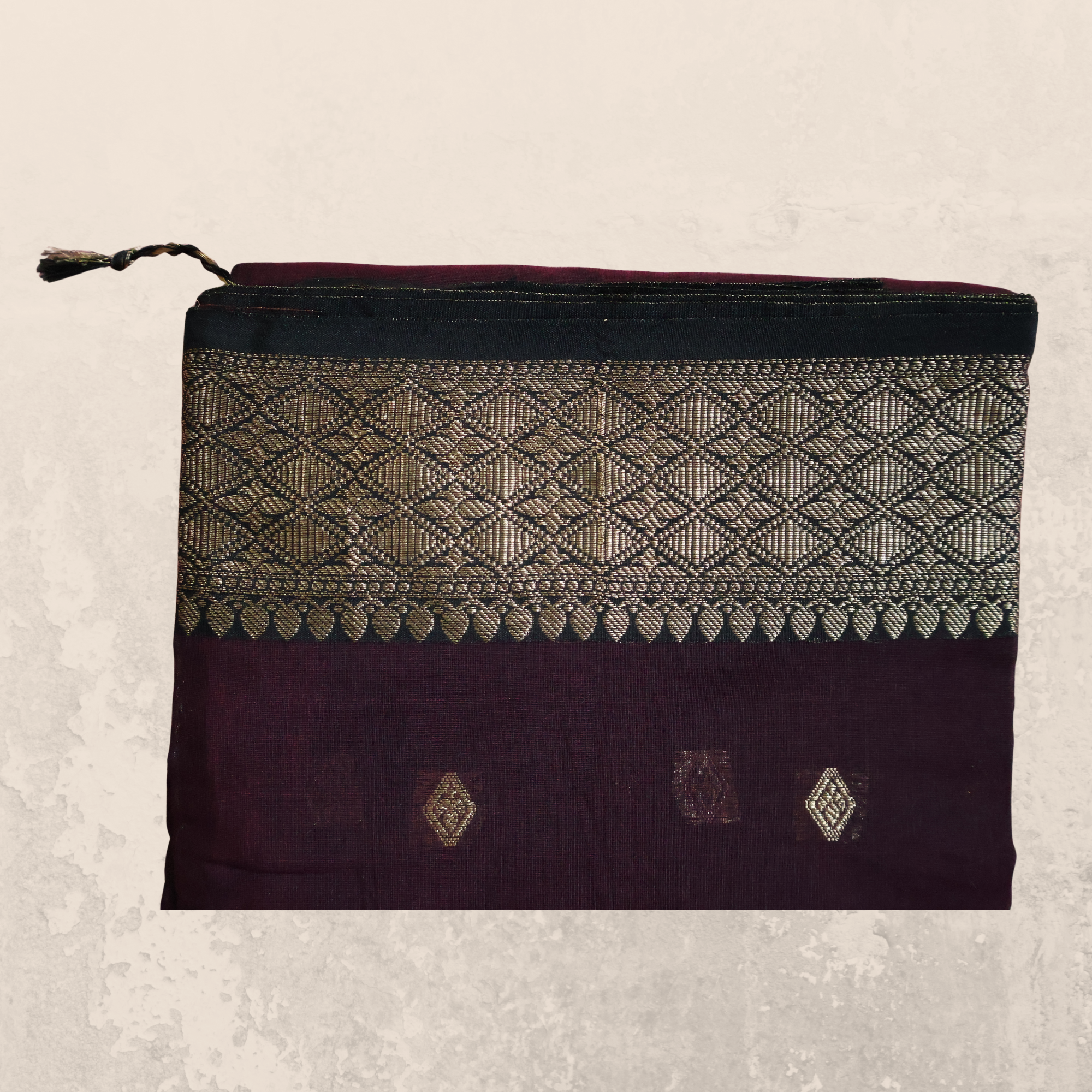 Plum Cotton Maheshwari Saree with Rich Gold Brocade Pallu | Handwoven Elegance