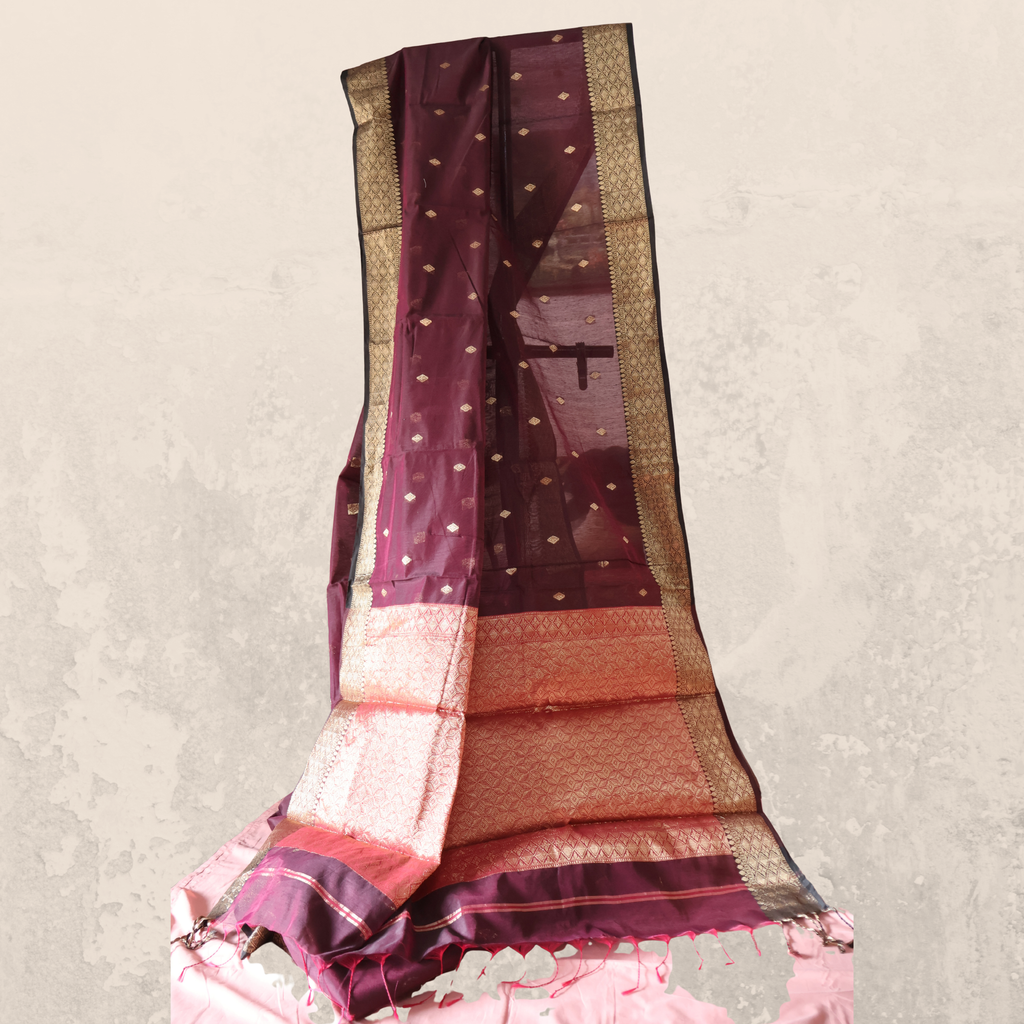 Plum Cotton Maheshwari Saree with Rich Gold Brocade Pallu | Handwoven Elegance
