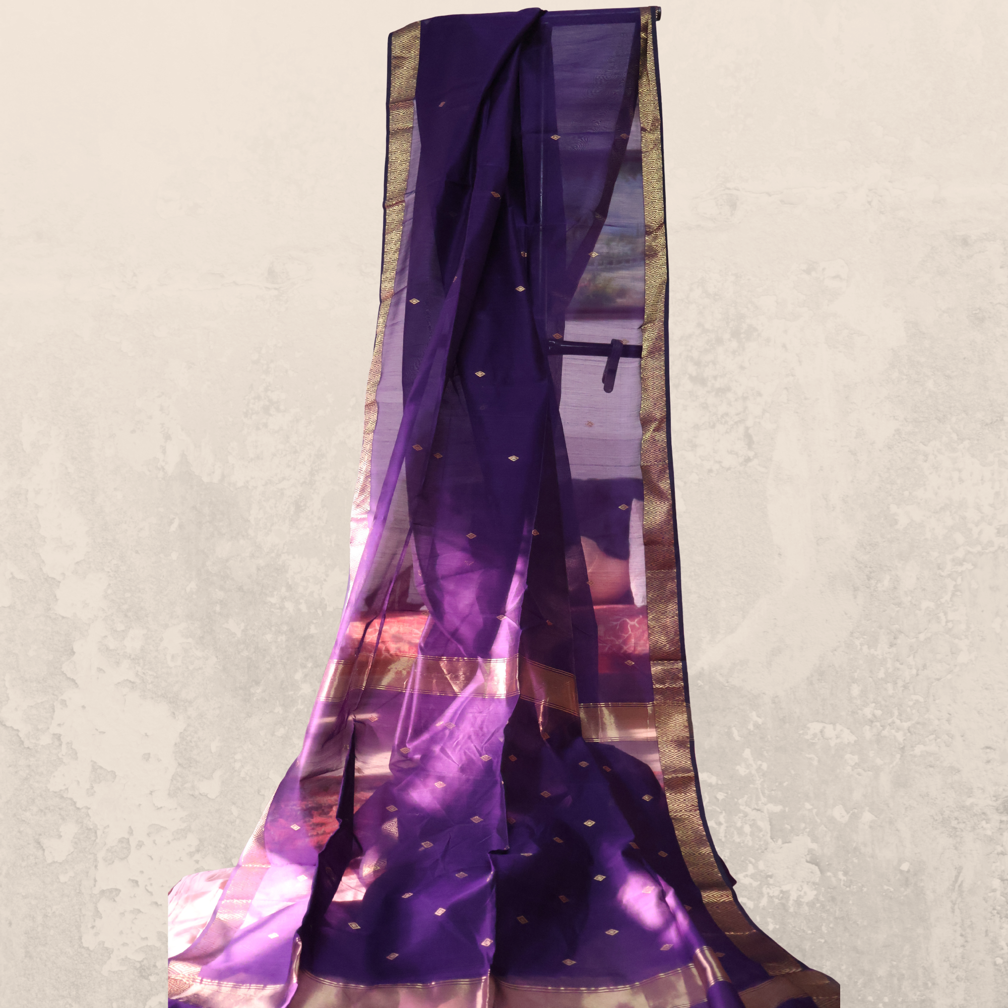 Deep Indigo Maheshwari Silk-Cotton Saree with Geometric Zari Border | Handwoven Elegance