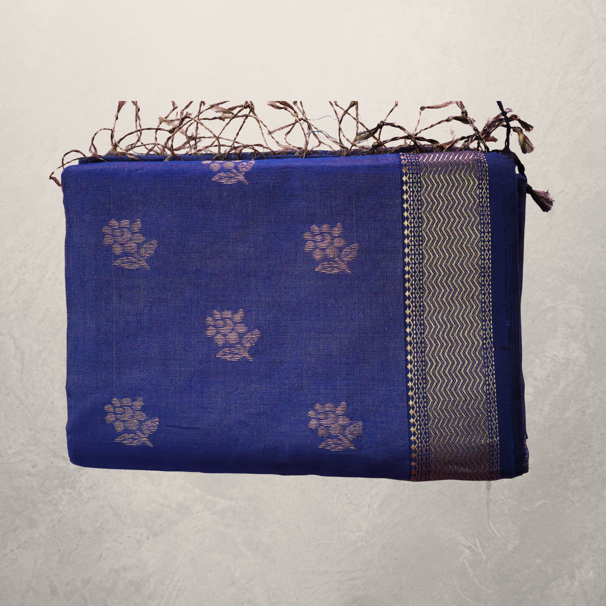 Deep Indigo Maheshwari Silk Cotton Saree with Gold Butti and Subtle Zari Border