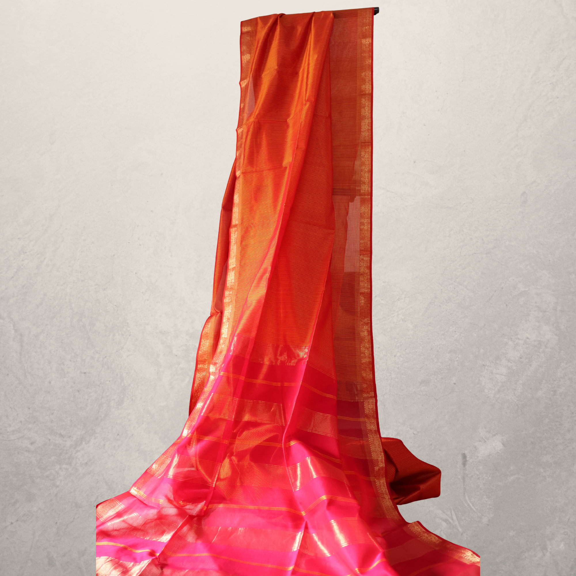 Classic Red Induri Silk-Cotton Saree with Fine Gold Stripe Weave and Traditional Karn-Phool border