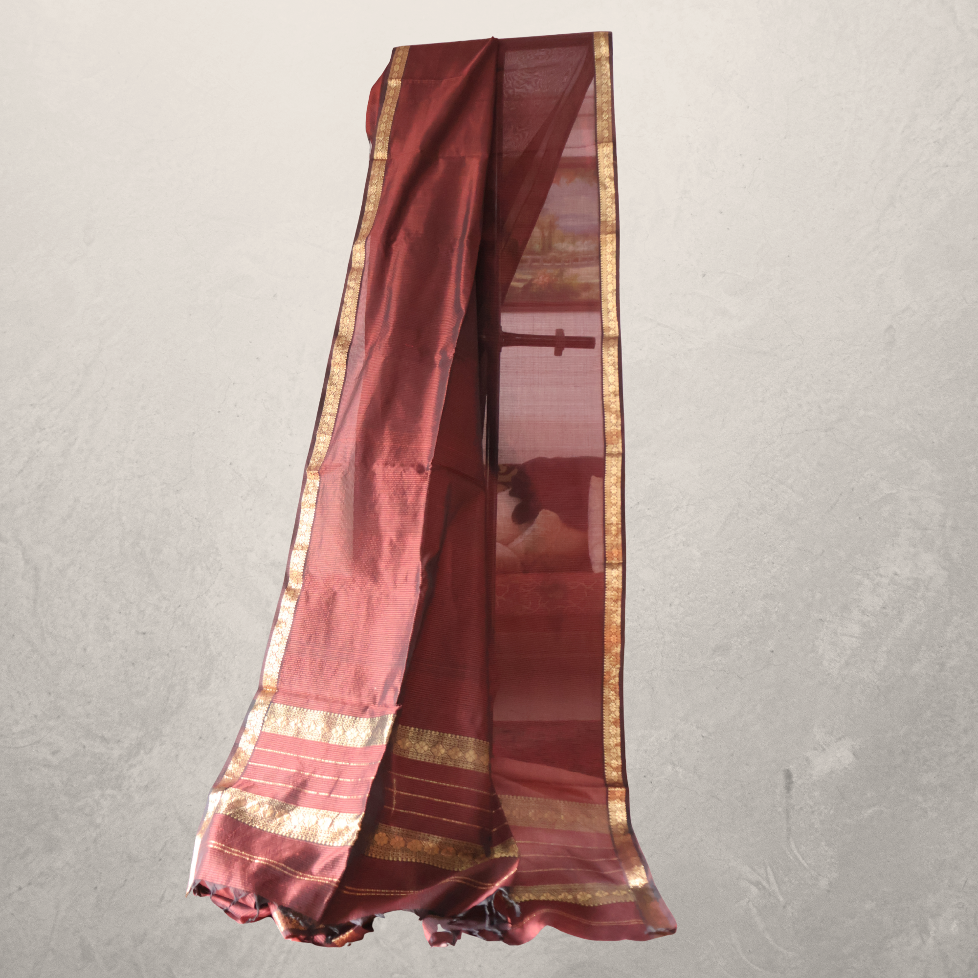 Earthy Brown Induri Silk-Cotton Saree with Fine Stripes & Traditional Zari Border