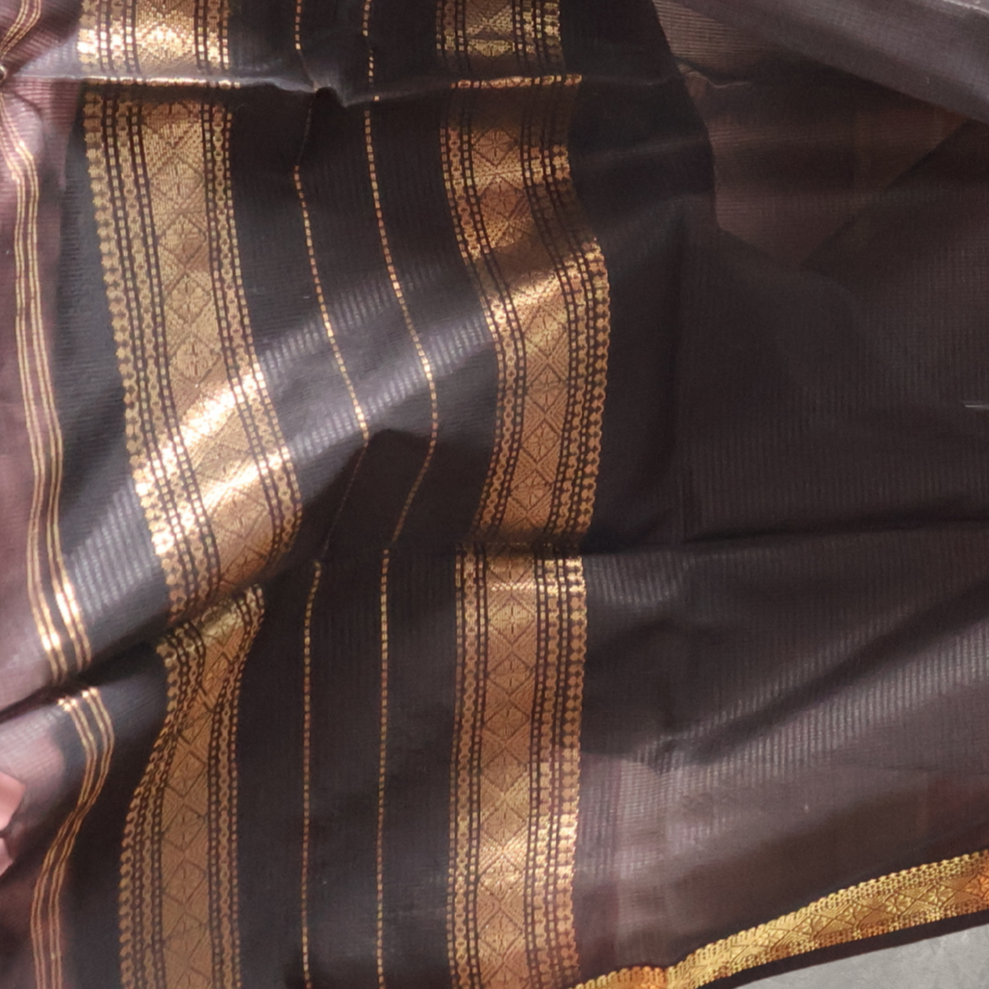 Black Induri Cotton Saree with Karn-Phool and Antique Gold Border