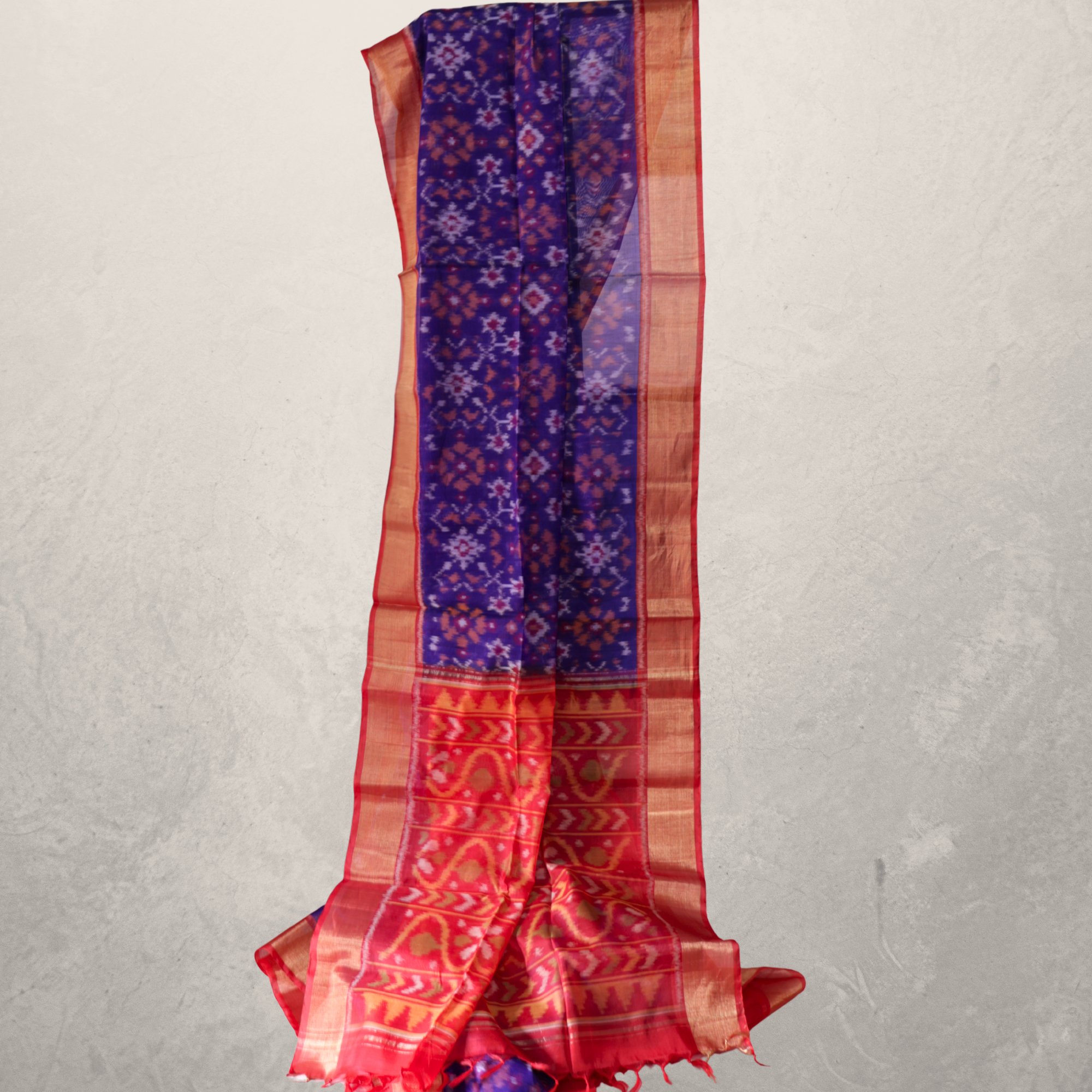 Dark Blue Cotton Silk Pochampally Ikat Saree with Red Zari Border