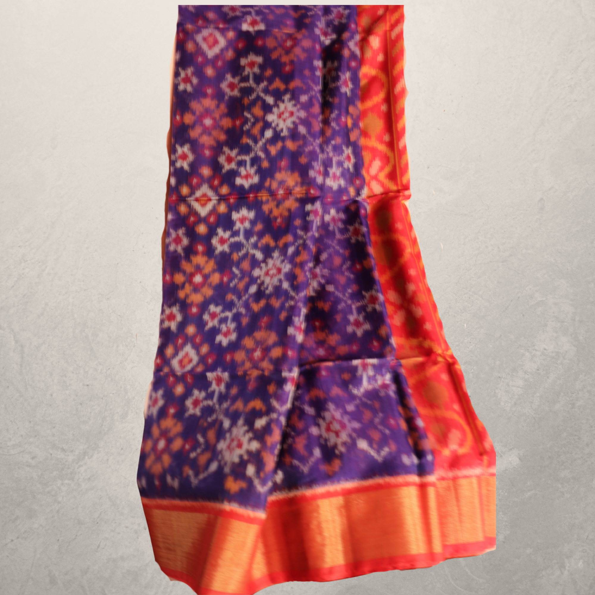 Dark Blue Cotton Silk Pochampally Ikat Saree with Red Zari Border