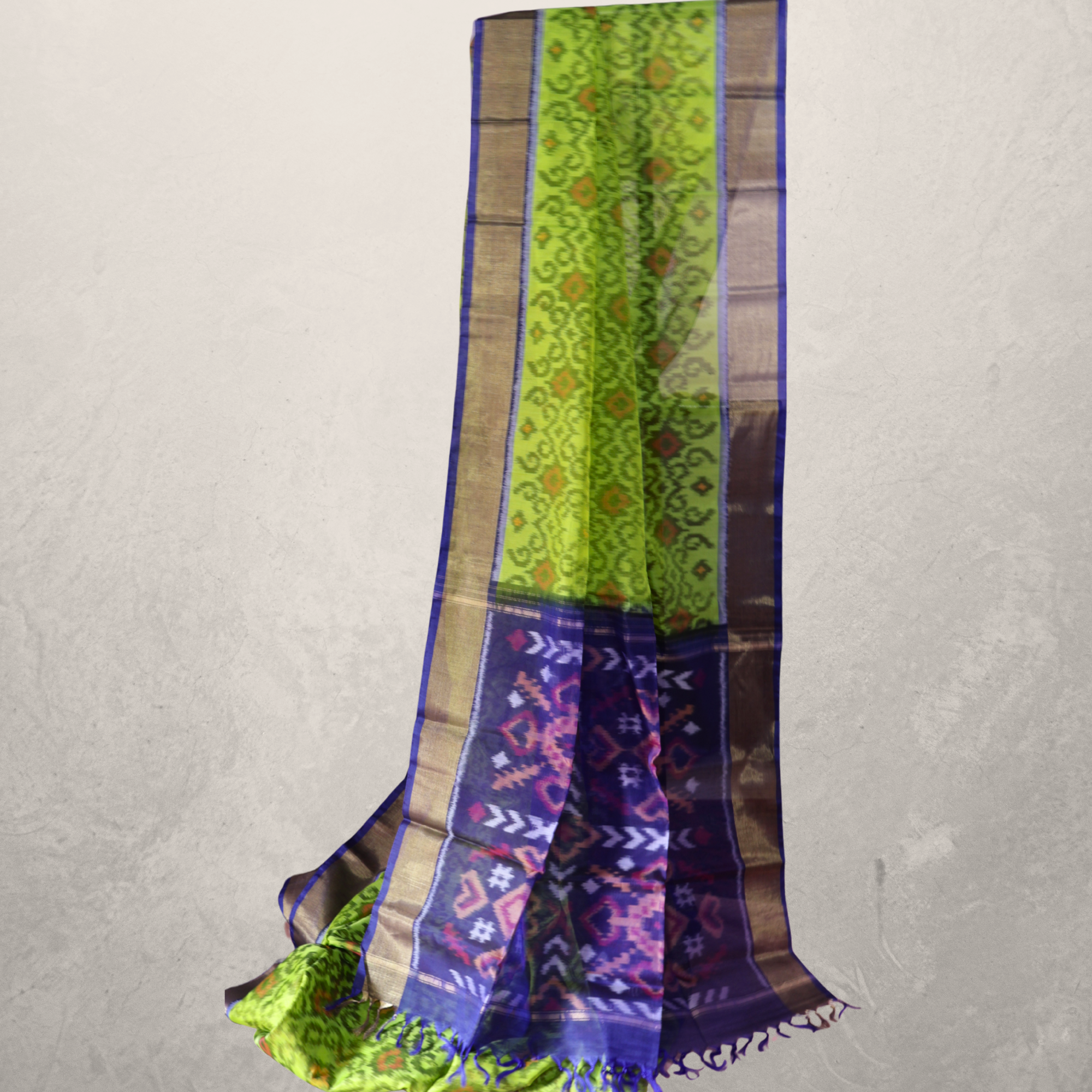 Green Cotton Silk Pochampally Ikat Saree with Blue Zari Border