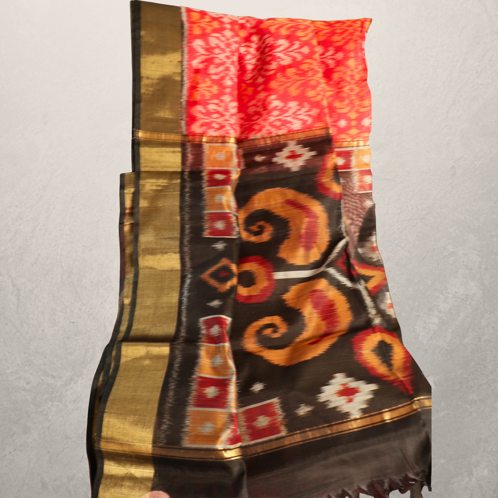 Cotton Silk Pochampally Ikat Saree in Red with Black Zari Border