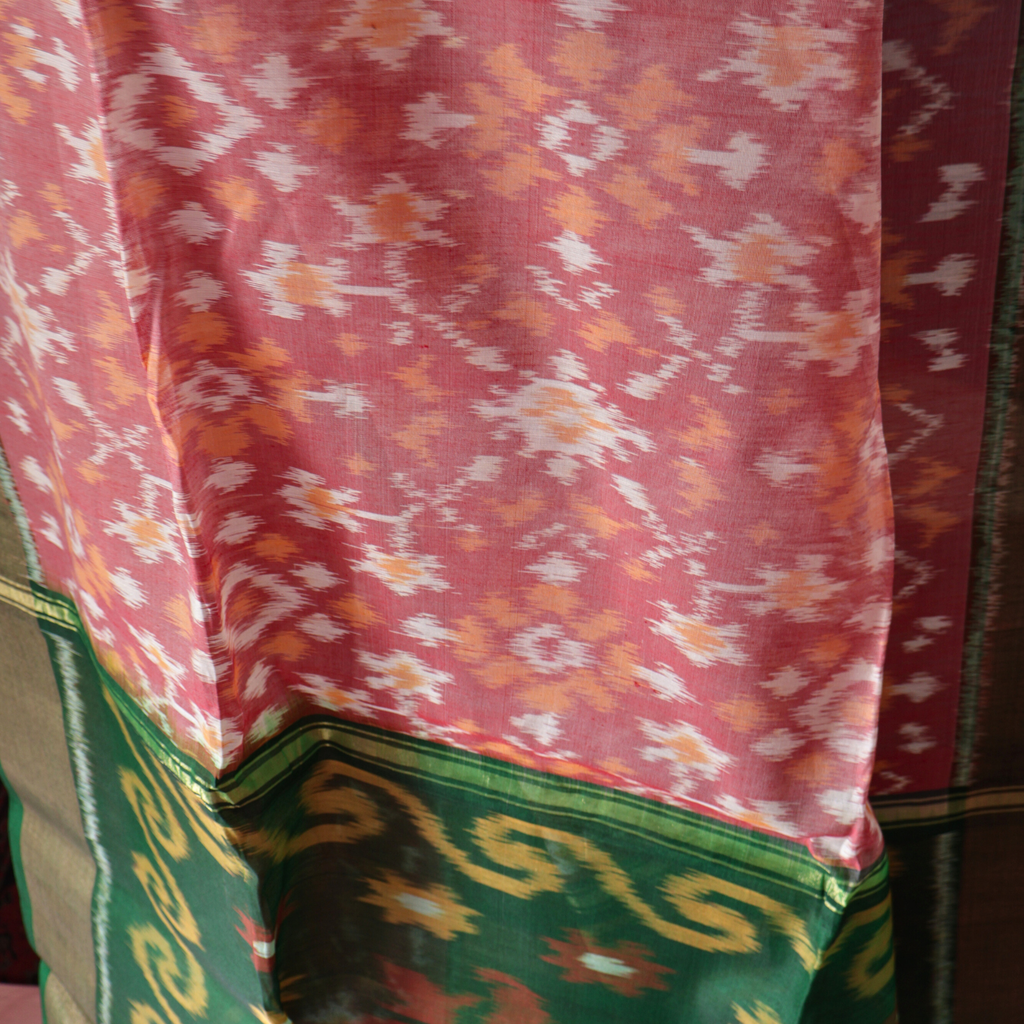 Pink Cotton Silk Pochampally Ikat Saree with Green Zari Border