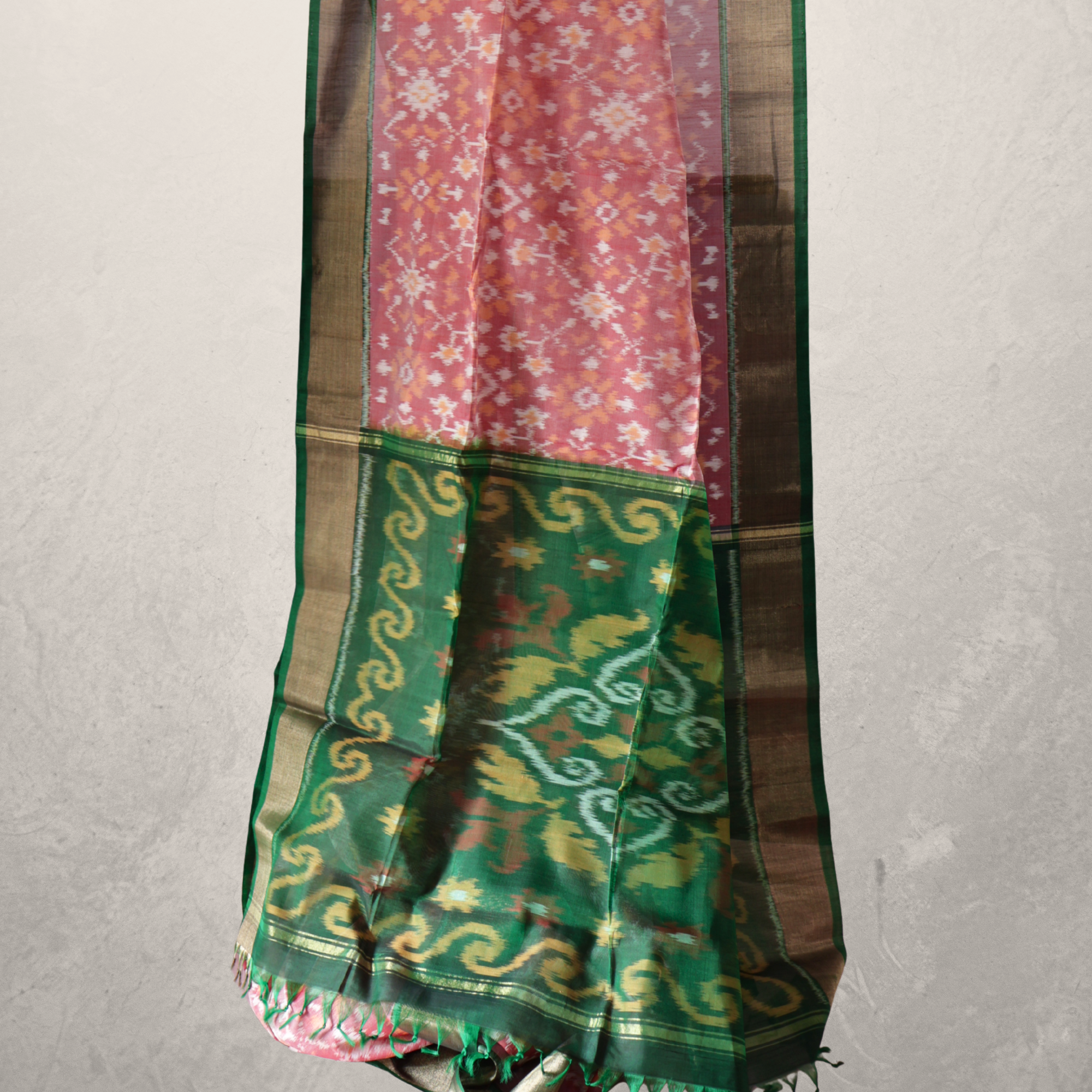 Pink Cotton Silk Pochampally Ikat Saree with Green Zari Border