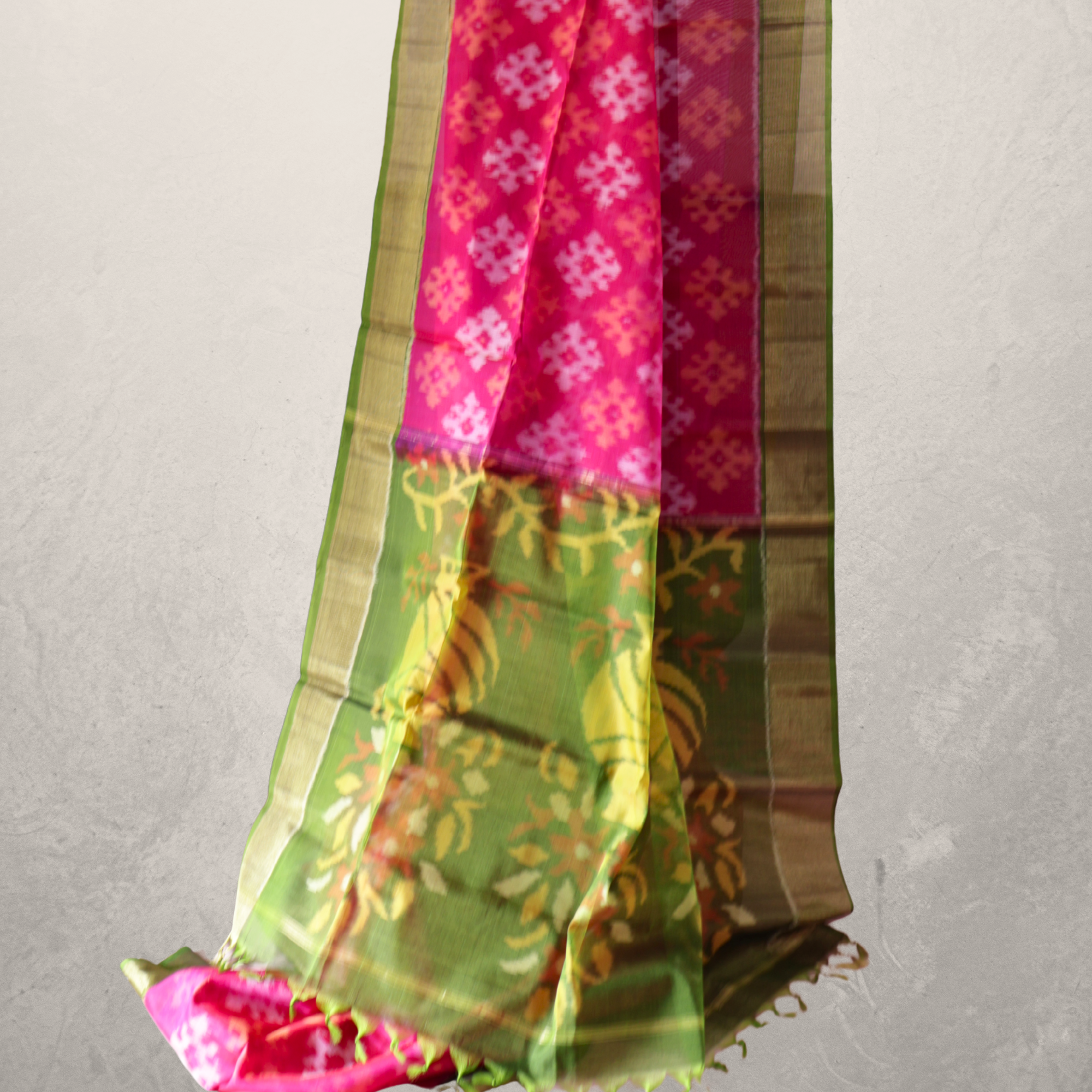 Bright Pink Cotton Silk Pochampally Ikat Saree with Green Zari Border