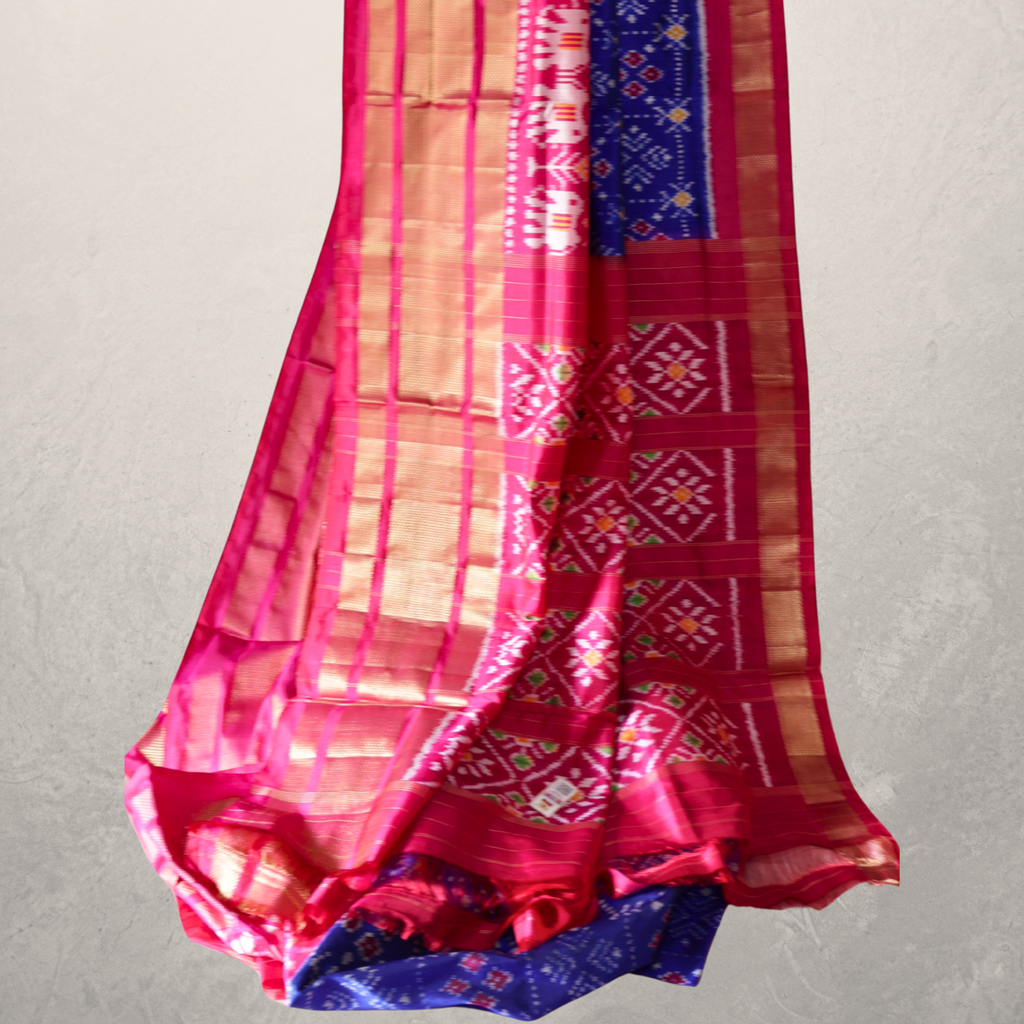 Pure Silk Pochampally Ikat Saree in Fresh Blue with Bright Pink Big Zari Border