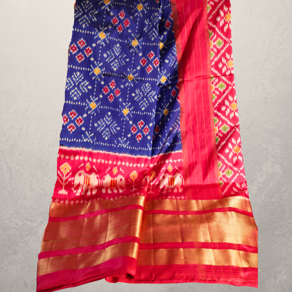 Pure Silk Pochampally Ikat Saree in Fresh Blue with Bright Pink Big Zari Border