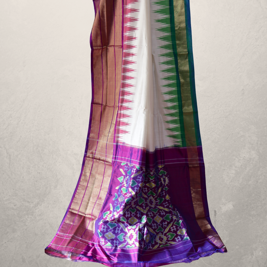 Pure Silk White Pochampally Ikat Saree with Two-Colour Border and Rich Purple Pallu