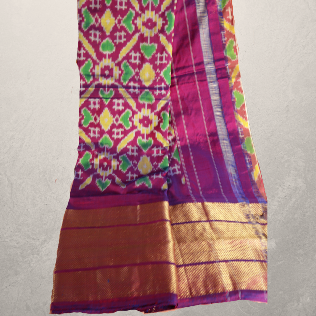Pure Silk White Pochampally Ikat Saree with Two-Colour Border and Rich Purple Pallu