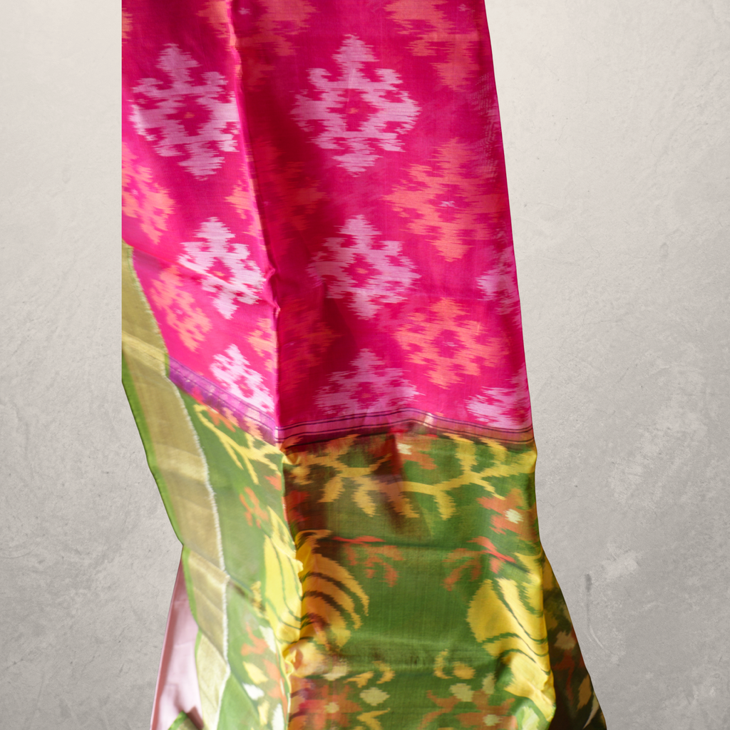 Bright Pink Cotton Silk Pochampally Ikat Saree with Green Zari Border