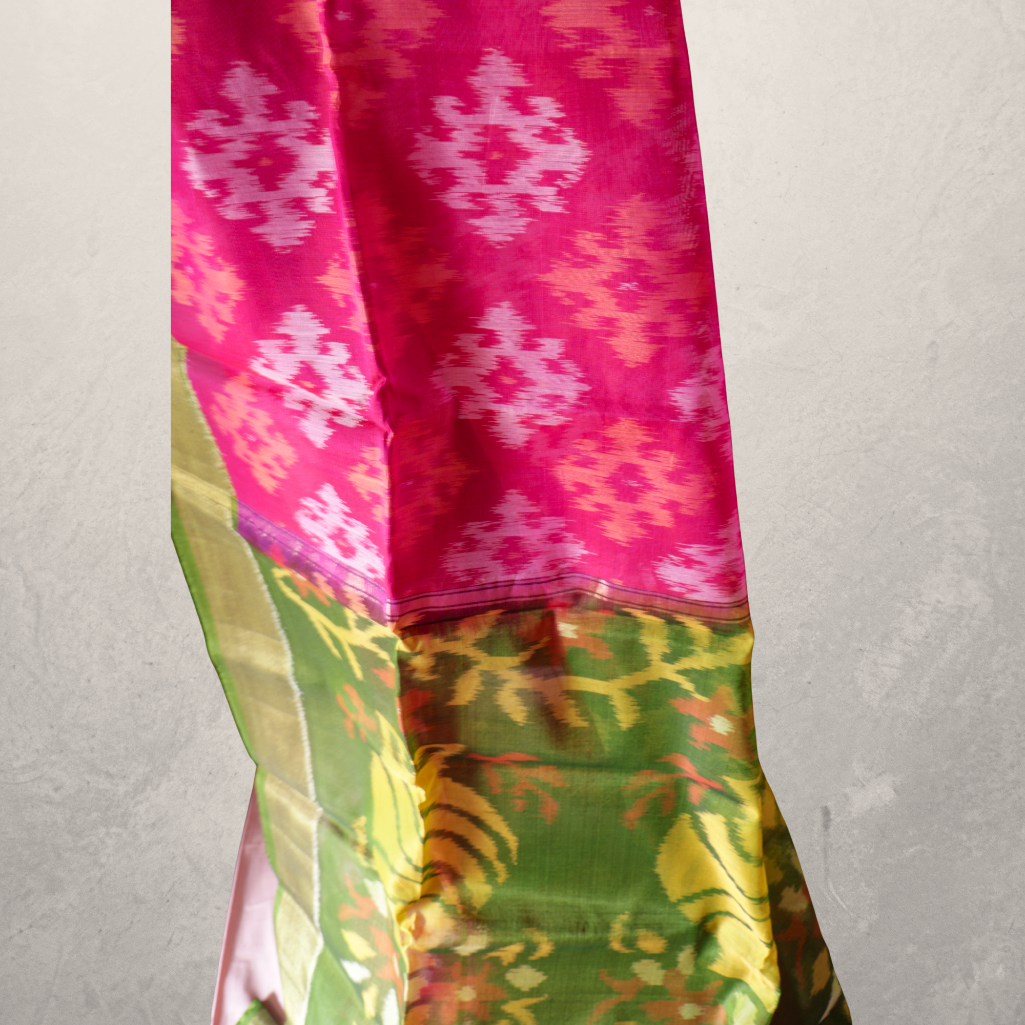 Bright Pink Cotton Silk Pochampally Ikat Saree with Green Zari Border