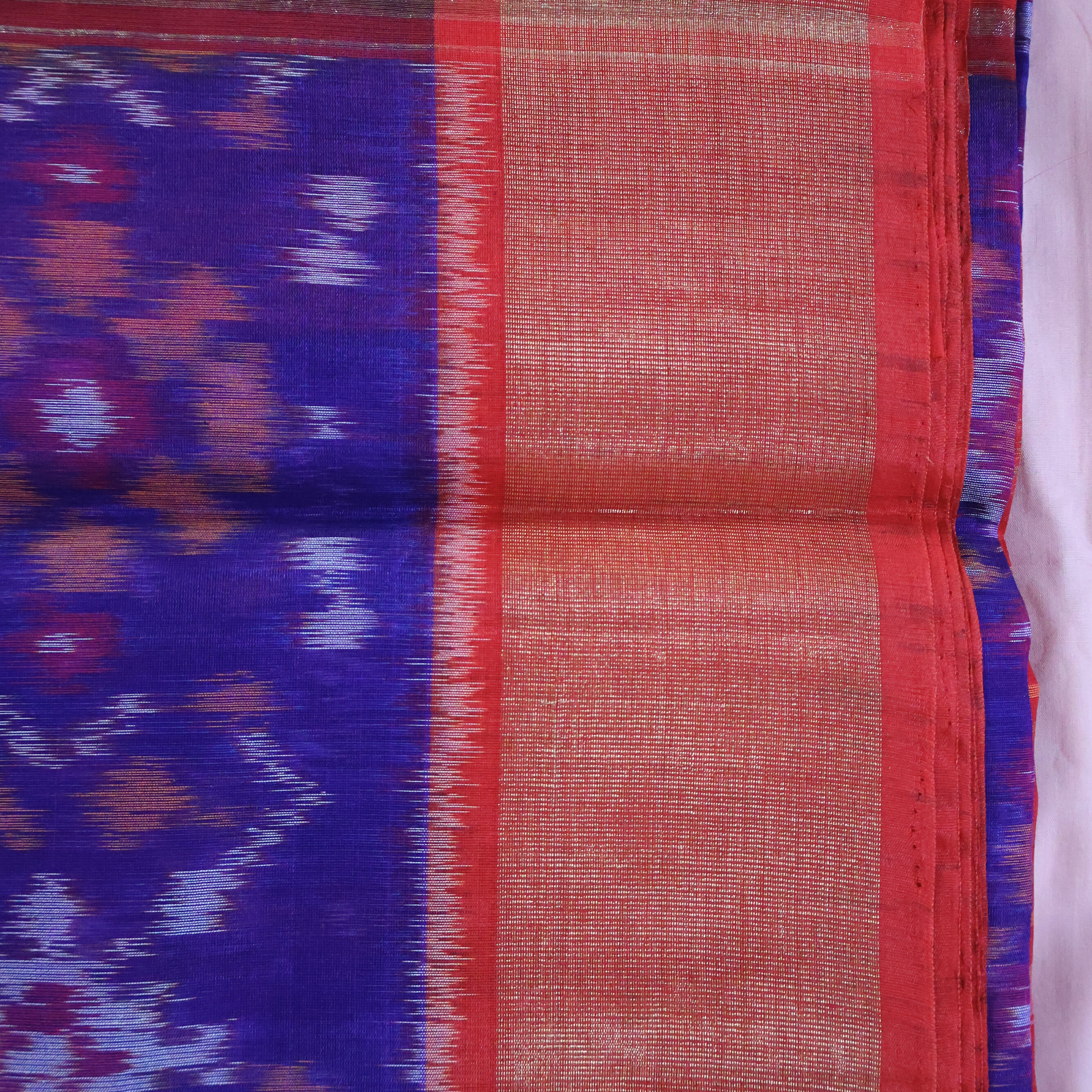 Dark Blue Cotton Silk Pochampally Ikat Saree with Red Zari Border