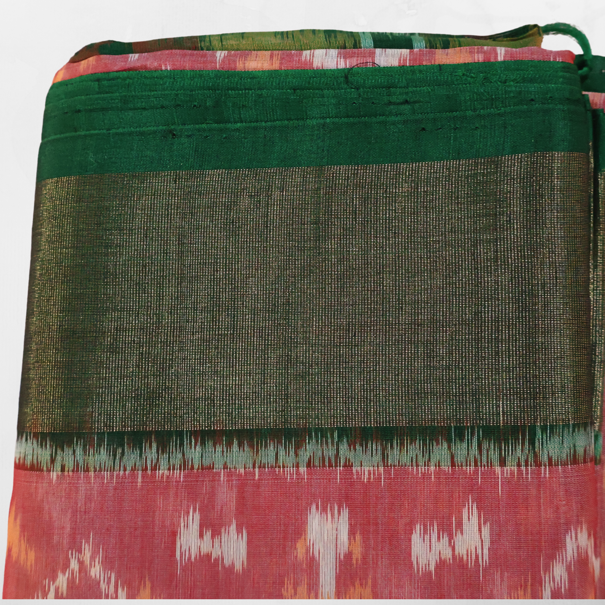 Pink Cotton Silk Pochampally Ikat Saree with Green Zari Border