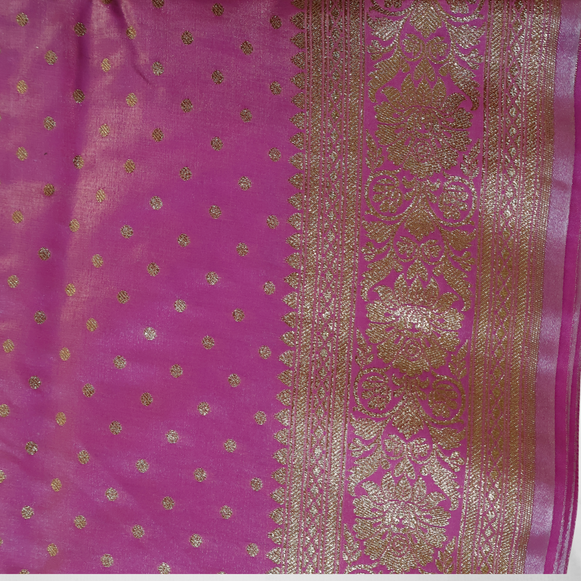 Pink Katan Silk Banarasi Saree with Gold Zari Buttas & Traditional Floral Border