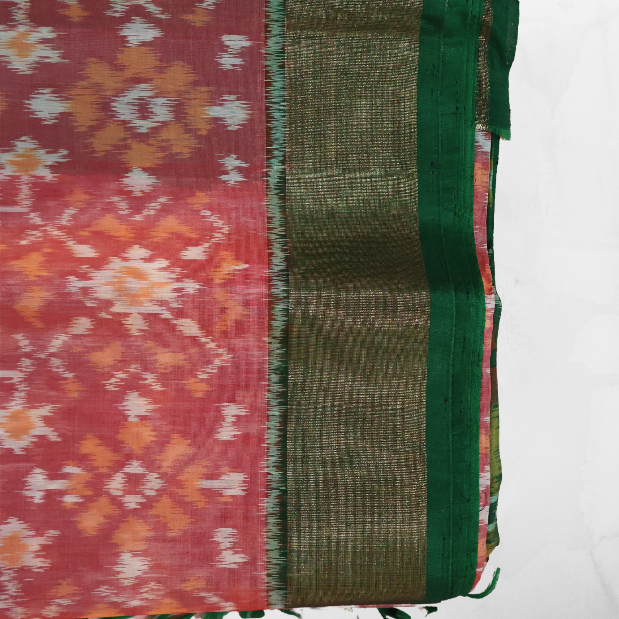 Pink Cotton Silk Pochampally Ikat Saree with Green Zari Border