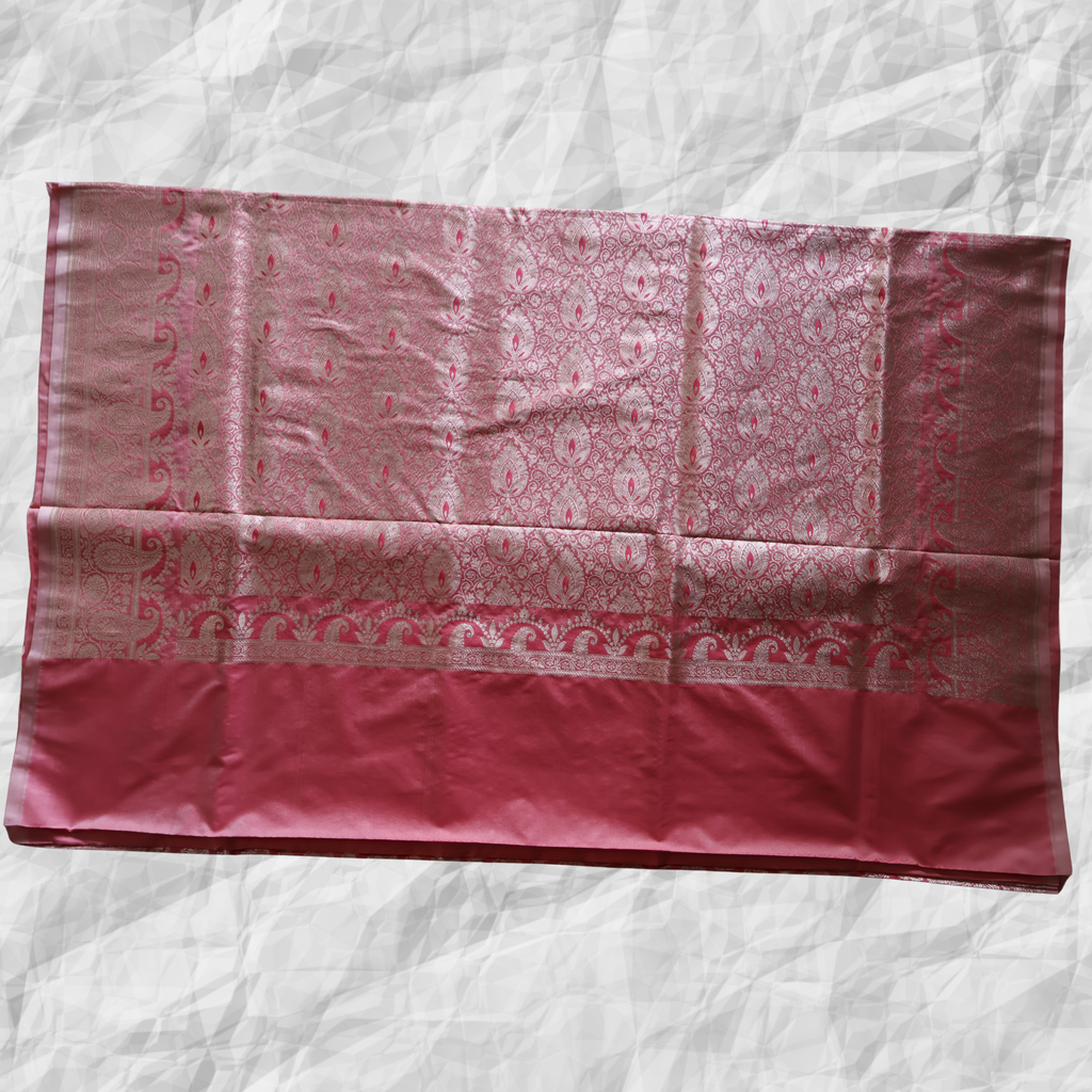 Peach Katan Silk Banarasi Saree with Silver Zari Motifs & Ornate Border