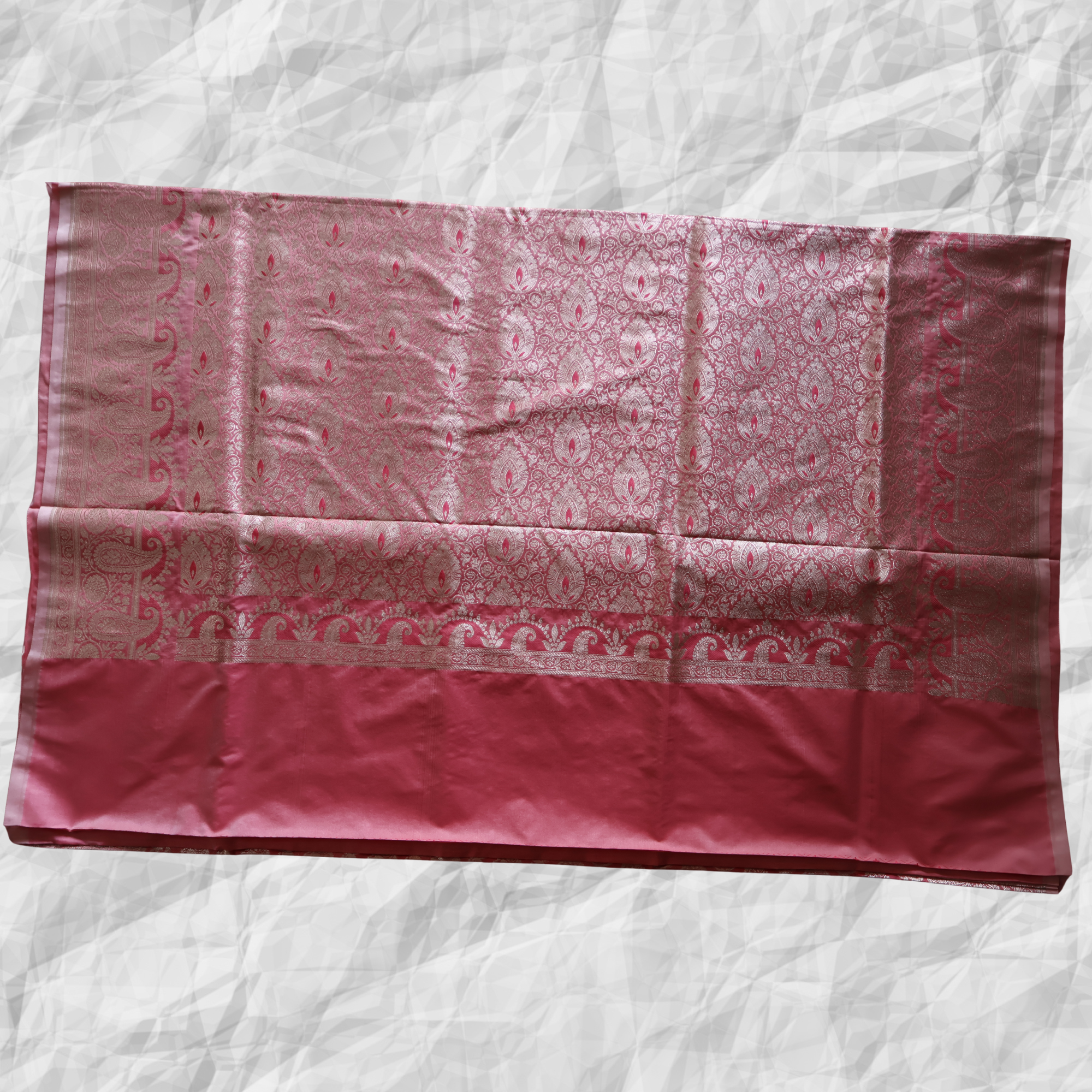 Peach Katan Silk Banarasi Saree with Silver Zari Motifs & Ornate Border