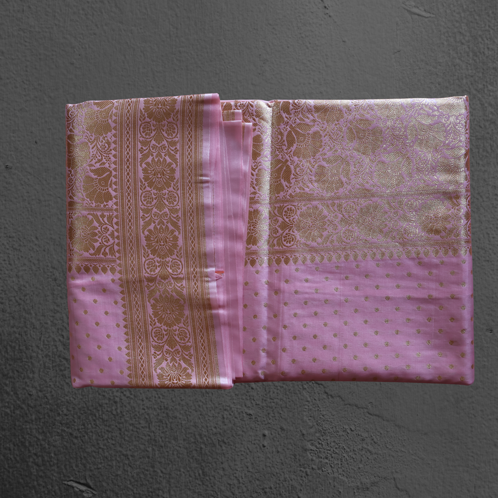 Baby Pink Katan Silk Banarasi Saree with Gold Zari Buta & Ornate Floral Border